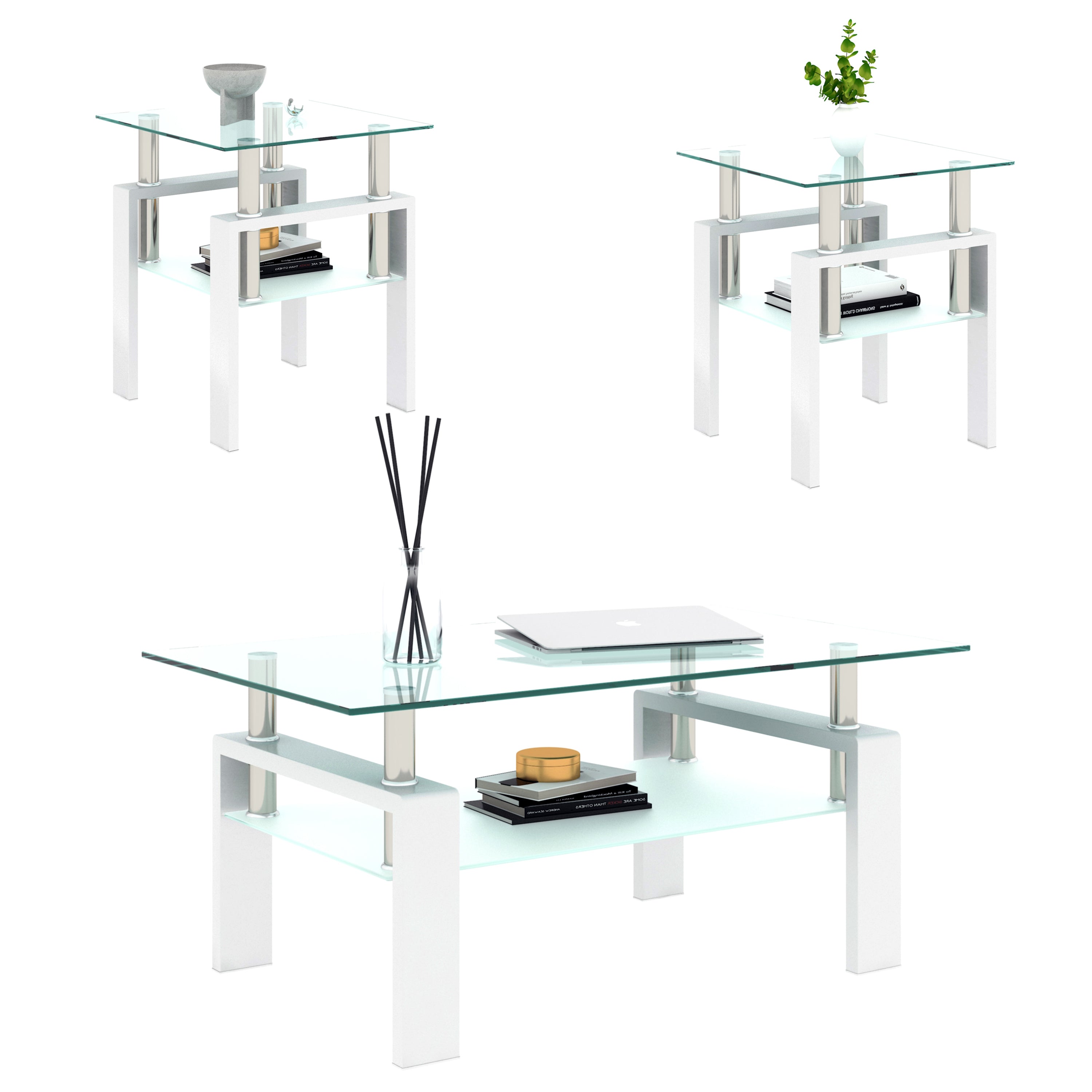 Haoyye Set of 2 Modern Tempered Glass Coffee and Tea Tables, Square Transparent and White Side Tables for Living Room, Sturdy Heavy Duty Space-Saving Design, Easy Assembly for Adults and Dorm Rooms