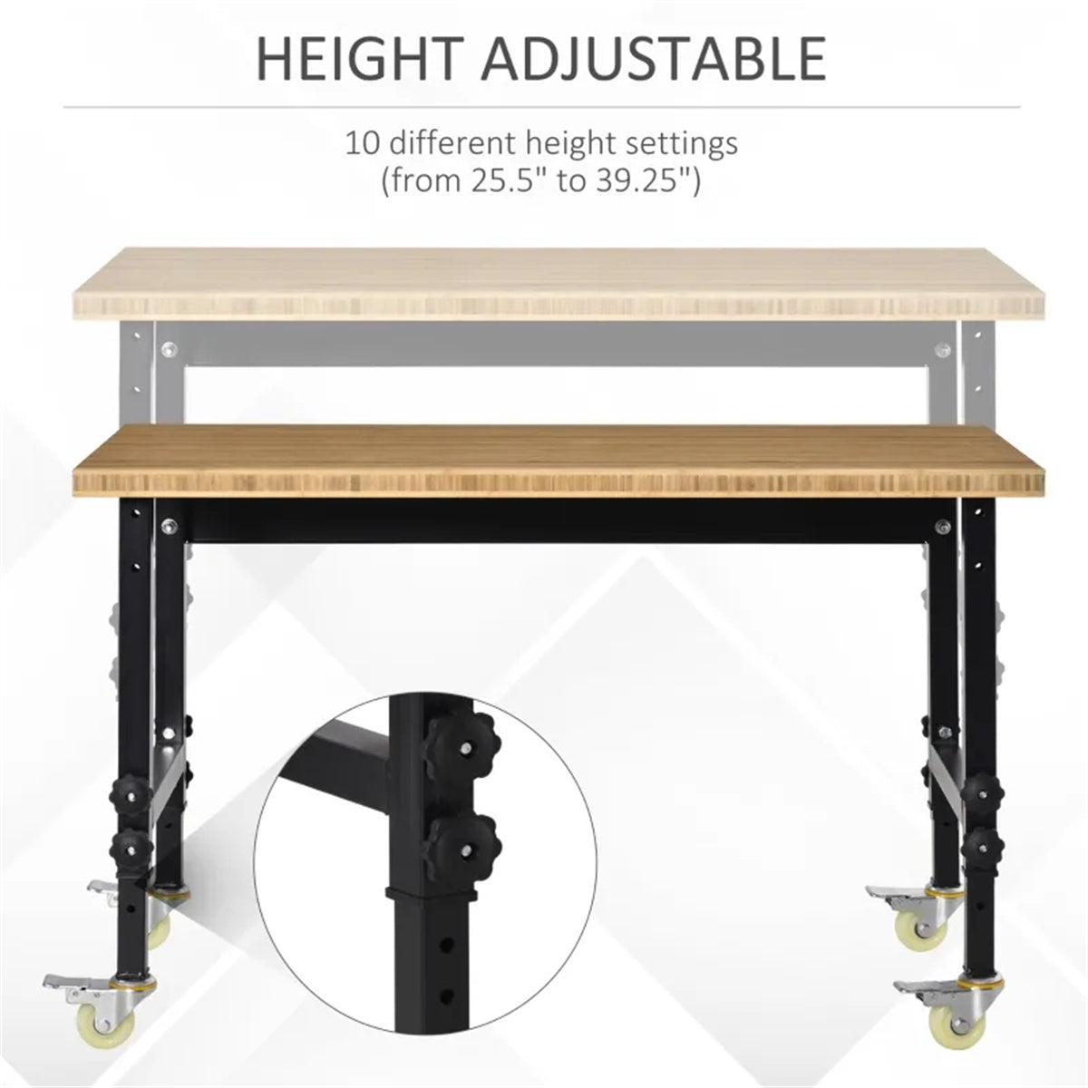 HAOYYE Garage Work Bench with Wheels and Adjustable Legs Bamboo Top Workstation Heavy Duty Rolling Tool Table for Workshop Garage Home Office Storage and Organization
