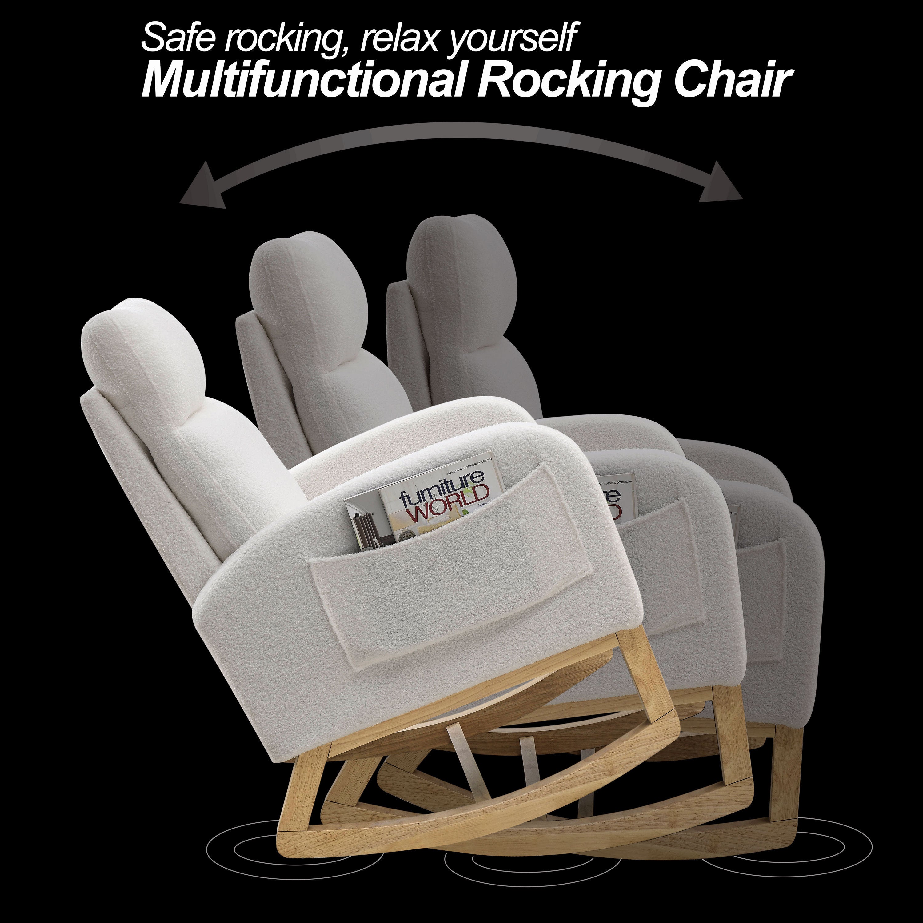 HAOYYE 27.6"W Modern Accent High Backrest Living Room Lounge Arm Rocking Chair, Two Side Pocket ,Teddy White (Ivory) Sturdy Space-Saving Heavy Duty Modern Design Adults Dorm Room