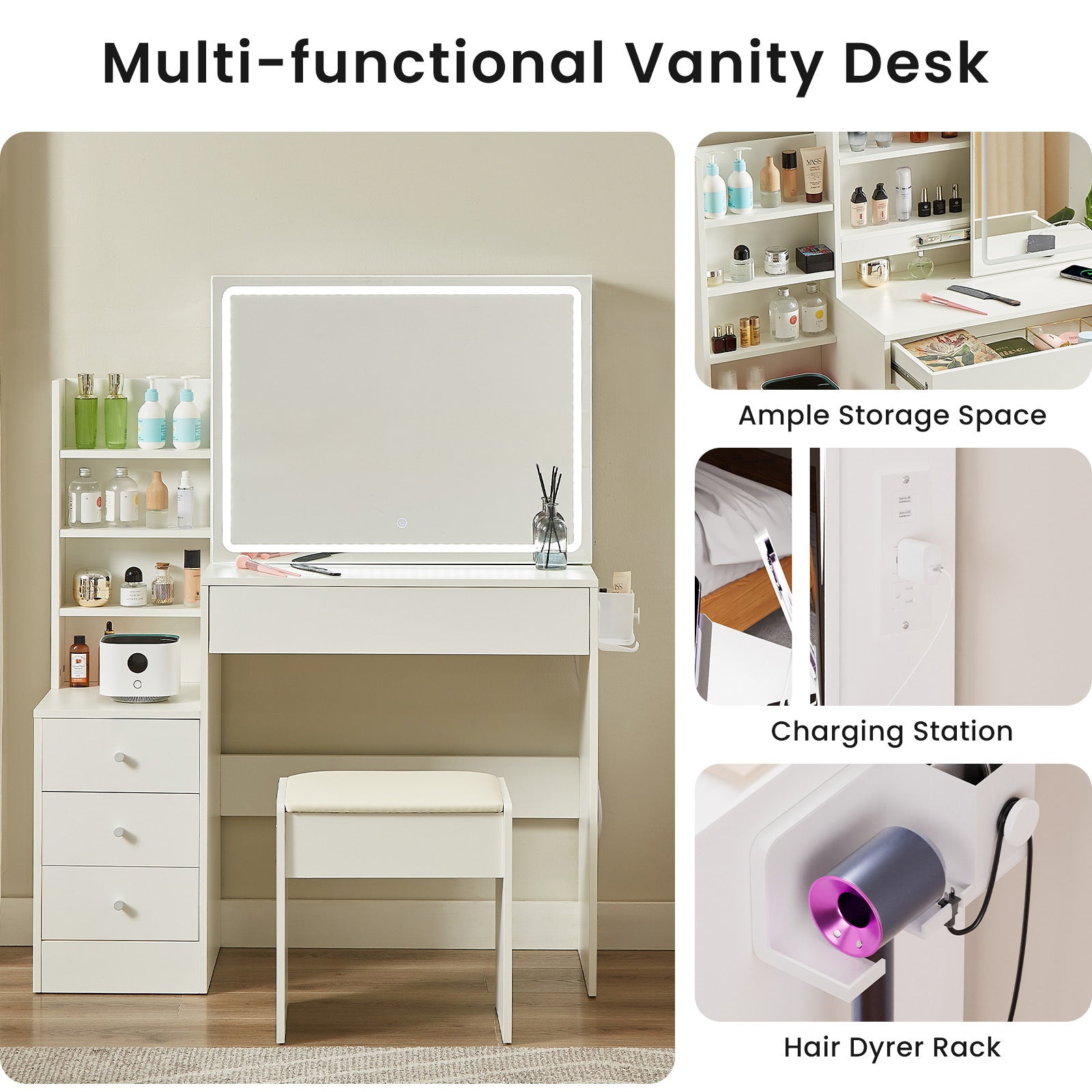 HAOYYE Vanity table with LED-lit mirror with power outlet and hairdryer shelving, with 4 drawers and upholstered stool, brightness adjustable in 3 lighting modes, storage table, White,