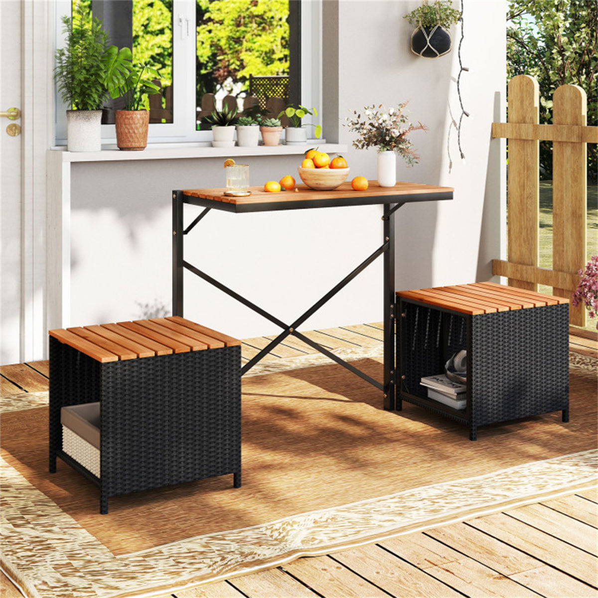 HAOYYE Black PE Rattan 2-in-1 Convertible Picnic Table and Chair Set with Storage, Hand-Woven Weather-Resistant Outdoor Furniture, Solid Acacia Wood Frame, Heavy-Duty Metal Support, Perfect for Patio, Garden, Backyard, Porch Use