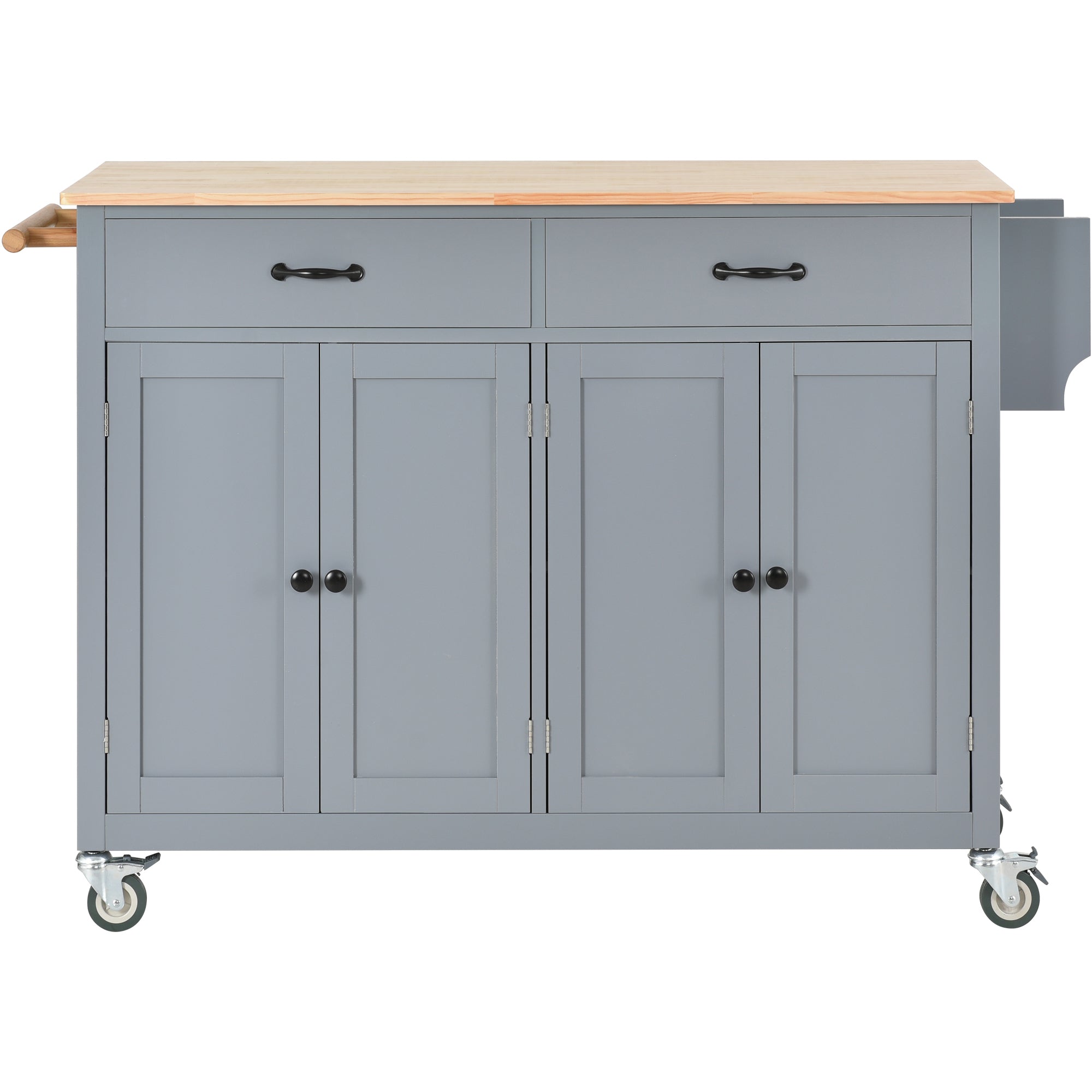 HAOYYE Kitchen Island Cart with Solid Wood Top and Locking Wheels, 4-Door Cabinet and 2 Drawers, Spice Rack, Towel Rack, Grey Blue, Sturdy Space-Saving Design, Heavy Duty Construction, Easy Assembly, Stylish and Durable Home Furniture