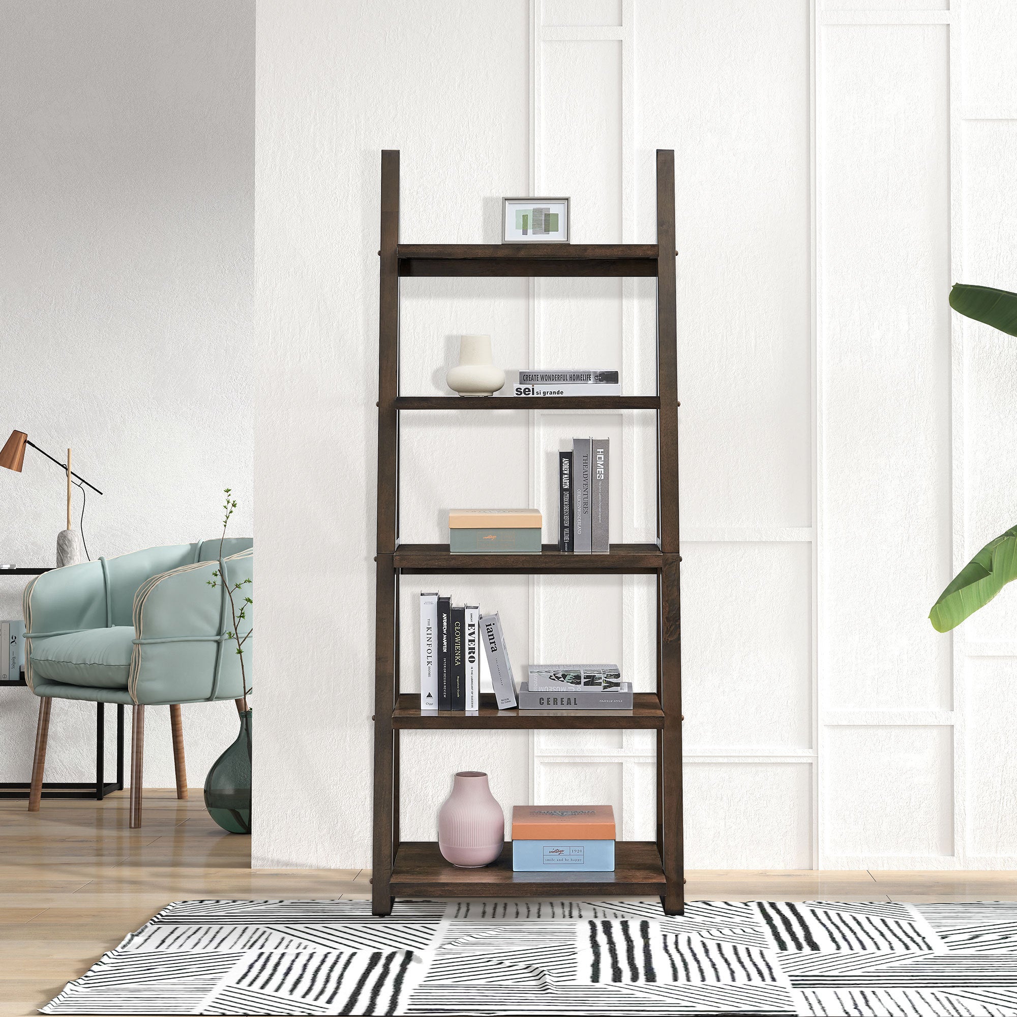 HAOYYE 5-Tier Shelves,Bookshelf, Storage Rack, Bookcase with Rubber Wood Frame, Ladder Shelf for Living Room, Home Office, Kitchen, Bedroom, Apartment ,Rustic Brown Sturdy Space-Saving Heavy Duty Adults