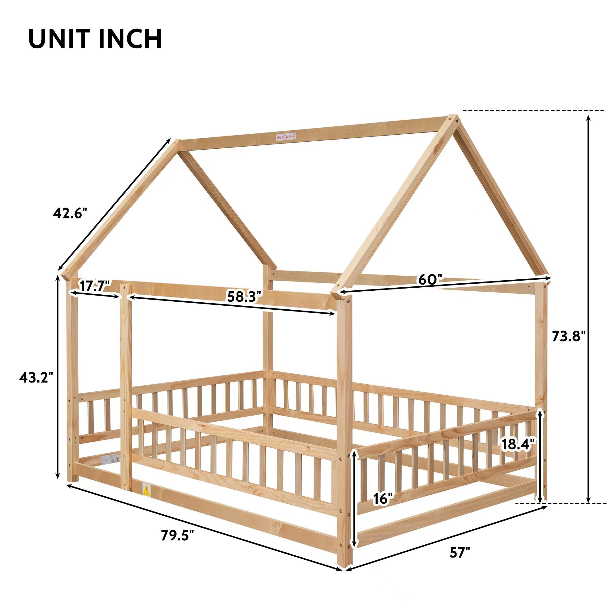 HAOYYE Full Size Floor Wooden Bed with House Roof Frame, Fence Guardrails ,Nartural Sturdy Space-Saving Heavy Duty Modern Design Adults Dorm Room Easy Assembly Bedroom Furniture
