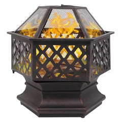 HAOYYE Hexagonal Iron Fire Pit Wood Burning Brazier with Spark Guard for Patio Backyard Poolside Outdoor Heating and Decoration Easy Assembly