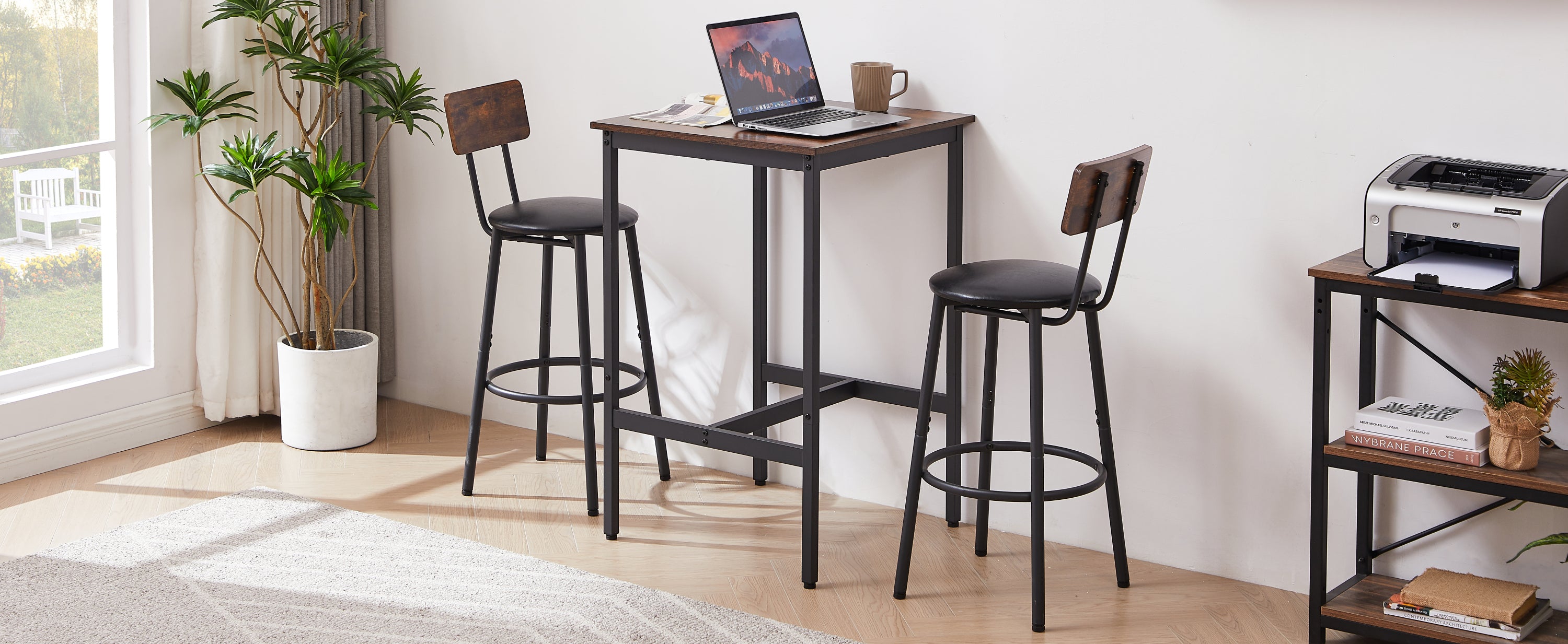 HAOYYE Bar Table Set with 2 Bar stools PU Soft seat with backrest, Rustic Brown, 23.62'' W x 23.62'' D x 35.43'' H Sturdy Space-Saving Heavy Duty Modern Design Adults Dorm Room Easy Assembly