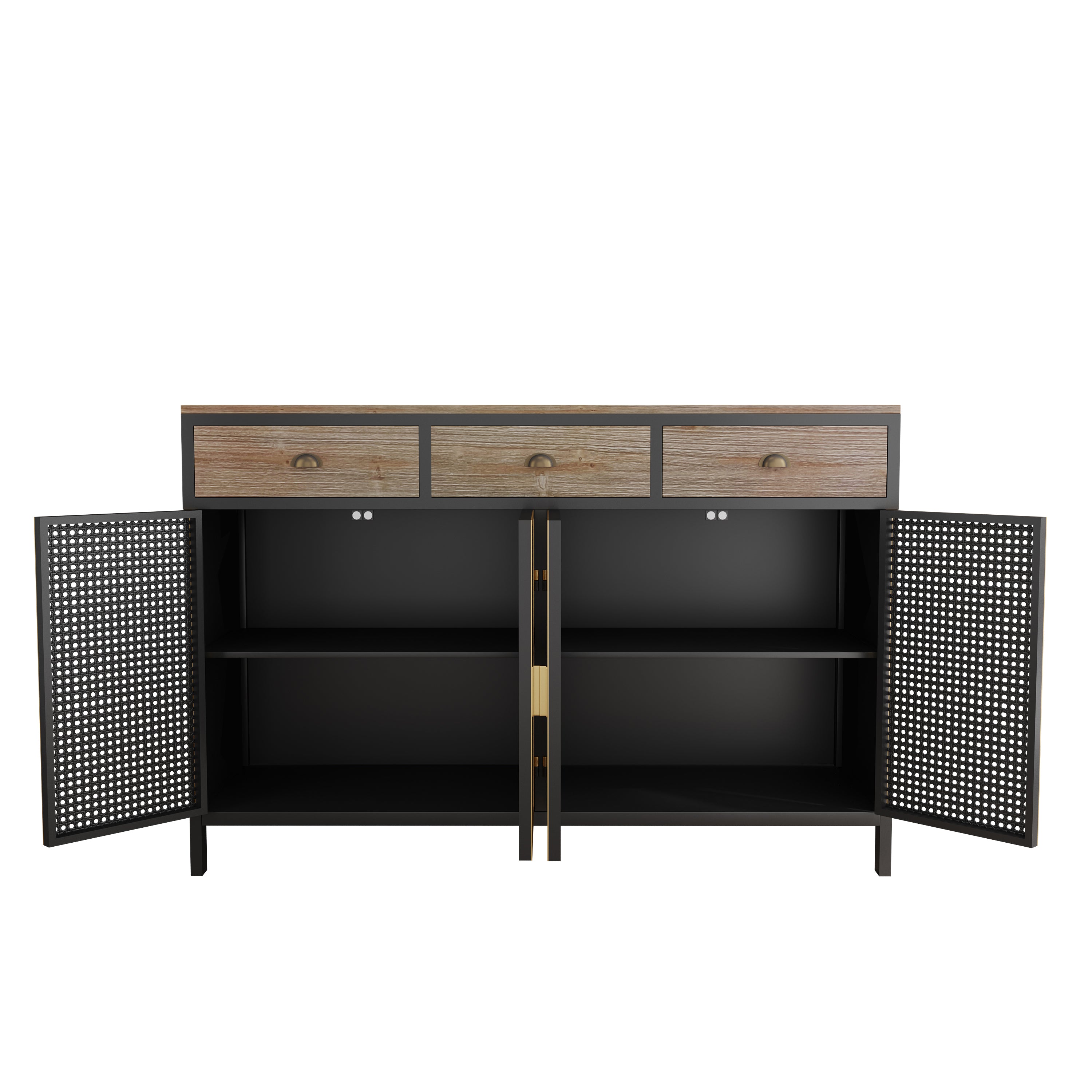 HAOYYE Modern Sideboard With 4 Doors And 3 Top Drawers, Freestanding Storage Cabinet For Entryway, Living Room, Office, Or Bedroom, Sturdy Space-Saving Heavy Duty Design