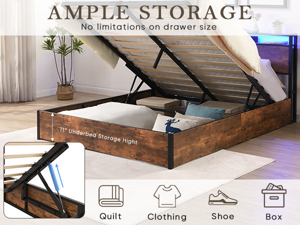HAOYYE Lift-up Storage Bed Frame, Queen Size Bed Frame with Bookcase Headboard & LED Lights, Wooden Platform Bed Frame with Charging Station, No Spring Box Needed, Rustic Brown Sturdy Space-Saving Heavy Duty