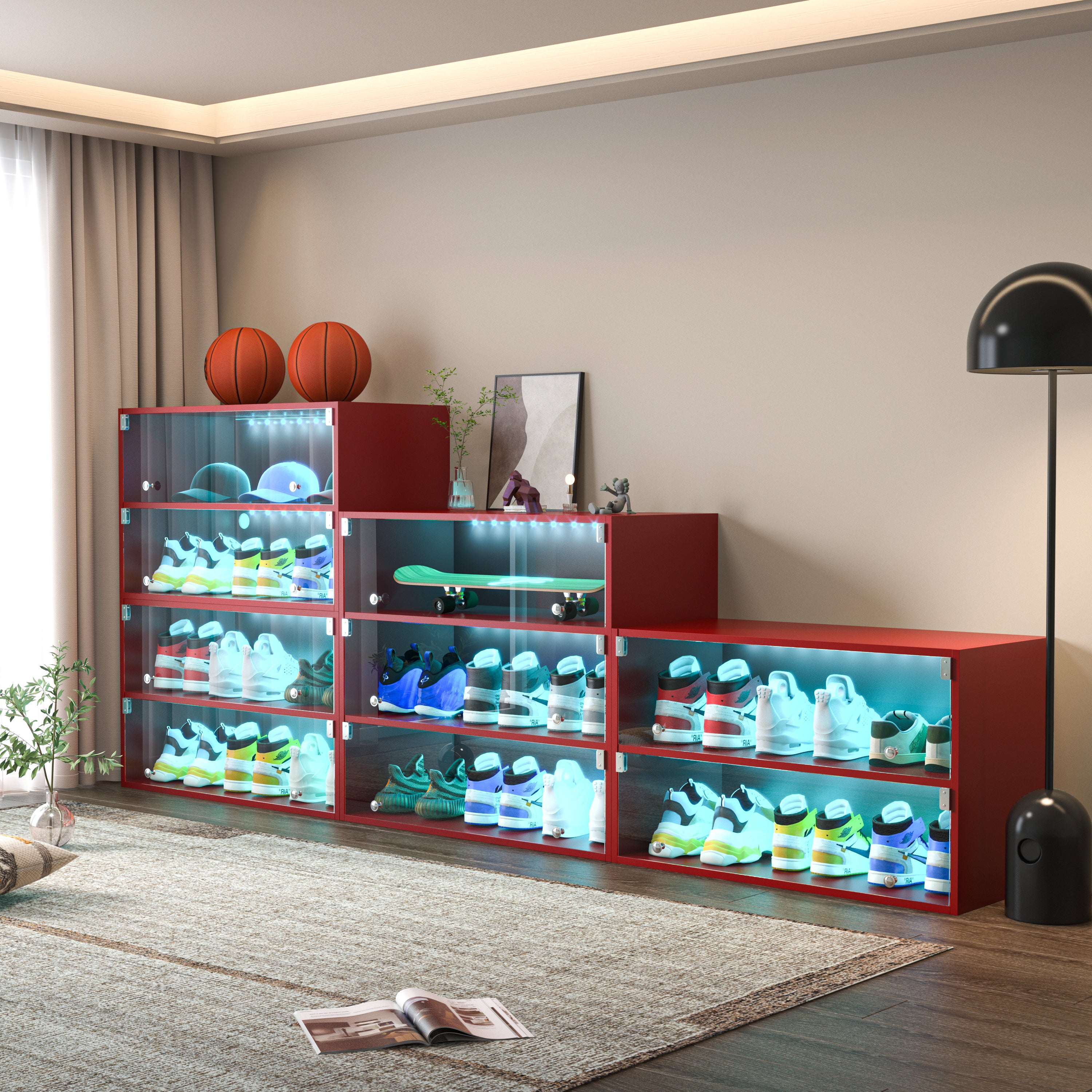 HAOYYE Red LED Light Shoe Box, 3 Layers with Glass Doors, Sturdy Space-Saving Heavy Duty Design for Sneaker Storage, Modern Design for Dorm Rooms, Bedrooms, and Closets, Easy Assembly