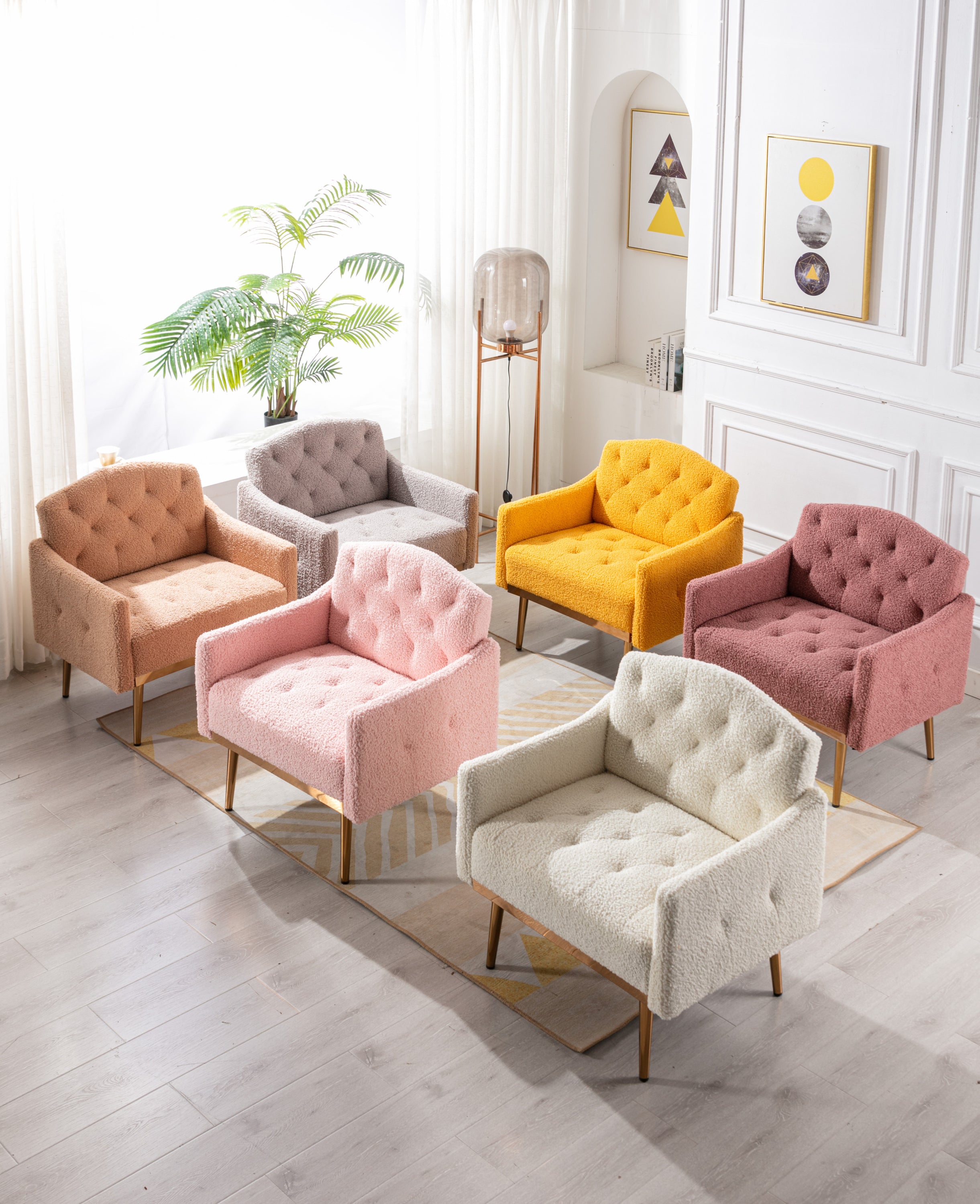 HAOYYE Modern Accent Chair with Arms, Tufted Decorative Fabric Armchair with Gold Metal Legs, Upholstered Reading Chair for Living Room Bedroom Office (White Teddy) Sturdy Space-Saving Heavy Duty