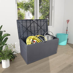 HAOYYE 120 Gallon Outdoor Plastic Storage Deck Box Waterproof Lockable Garden Chest with Lid for Patio Tools Cushions Pool Accessories Toys Backyard Bench Style Container with Seating Function 460 Liter Capacity