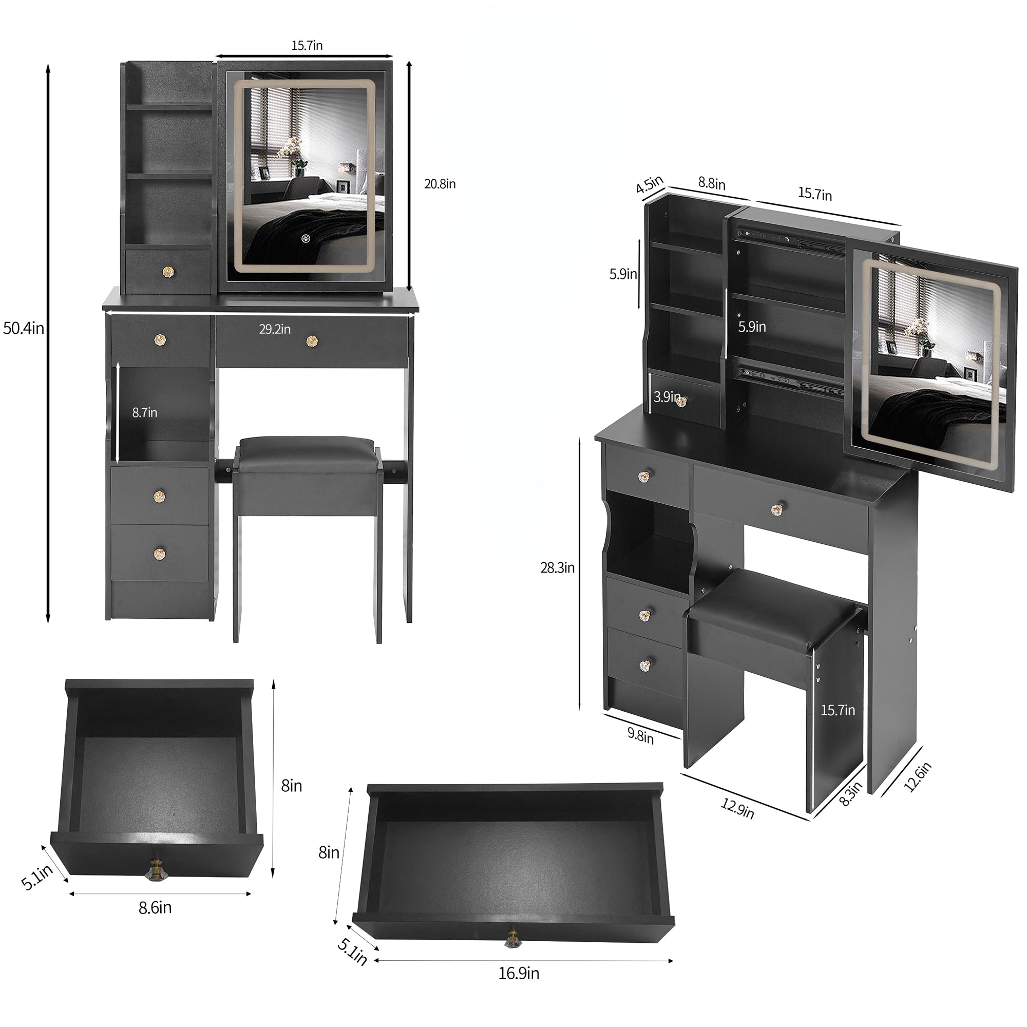 HAOYYE Compact Vanity Desk with Left Drawer, Cushioned Stool, Sliding Touch LED Mirror, Tri-Color Lighting, Adjustable Brightness, Multi-Layer Storage, EPA GCC UL Certified for Small Spaces