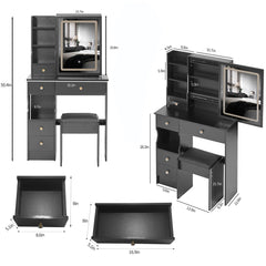 HAOYYE Compact Vanity Desk with Left Drawer, Cushioned Stool, Sliding Touch LED Mirror, Tri-Color Lighting, Adjustable Brightness, Multi-Layer Storage, EPA GCC UL Certified for Small Spaces