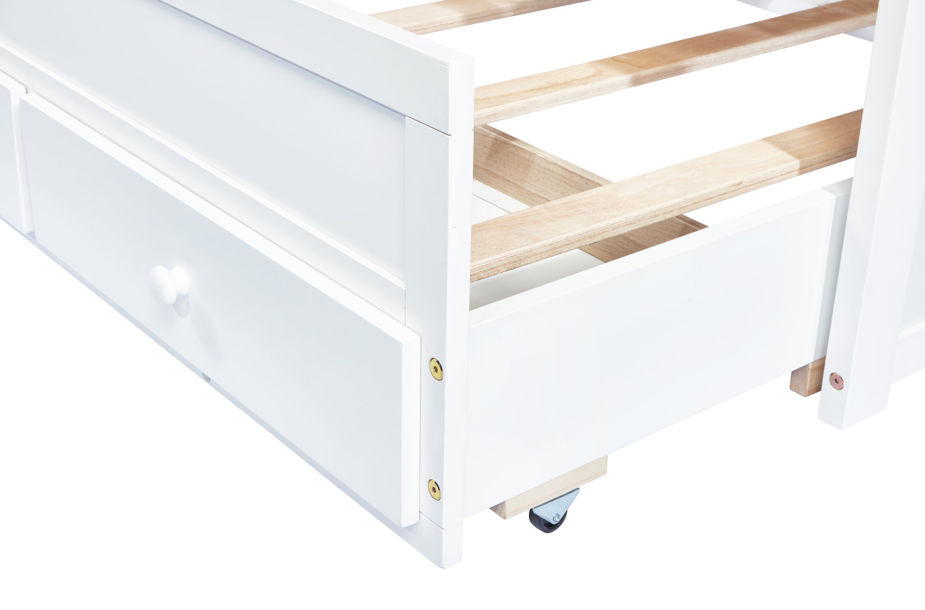 HAOYYE Twin Bed with Headboard, Footboard, Trundle and Storage Drawers, Pine Wood Twin Size Bed, White, Sturdy Space-Saving Heavy Duty Construction, Ideal for Adults and Dorm Rooms