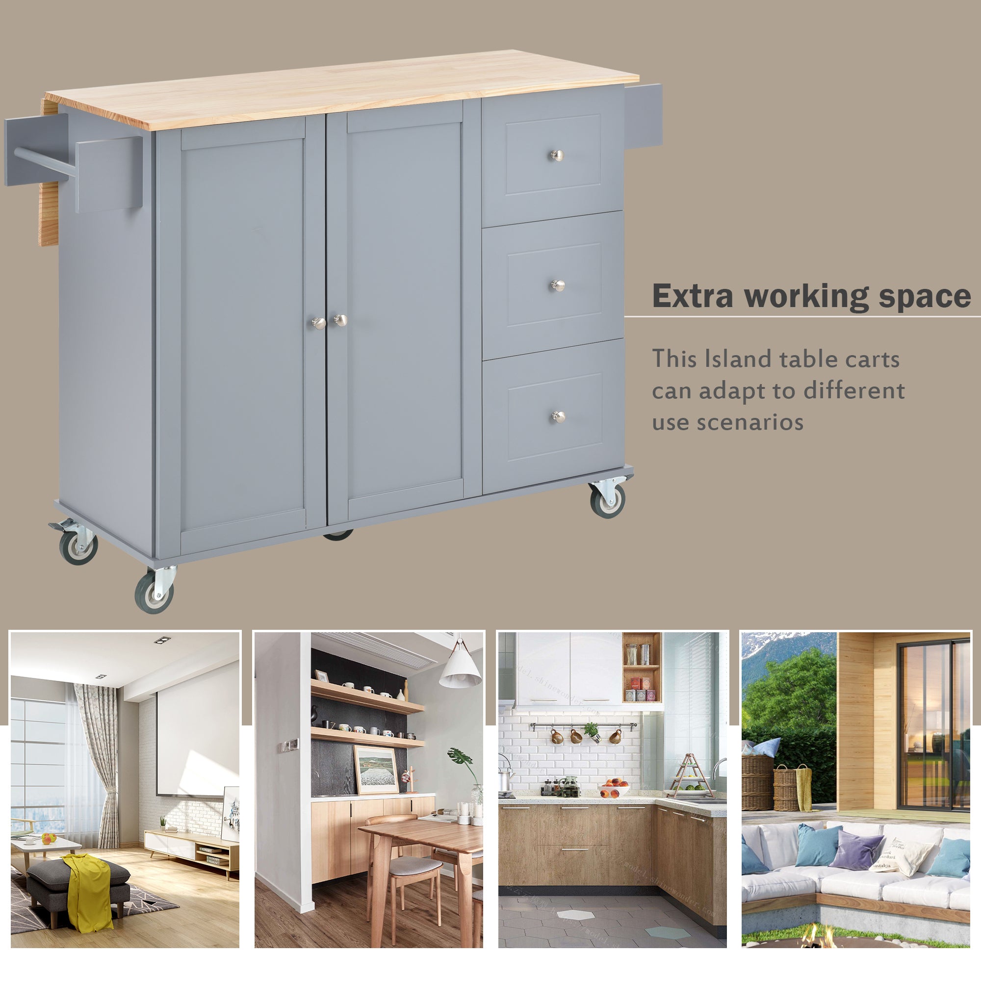 HAOYYE Rolling Mobile Kitchen Island With Solid Wood Top, Storage Cabinet, Drop Leaf Breakfast Bar, Spice Rack, Towel Rack, And Drawer, Grey Blue, Sturdy Space-Saving Design With Locking Wheels