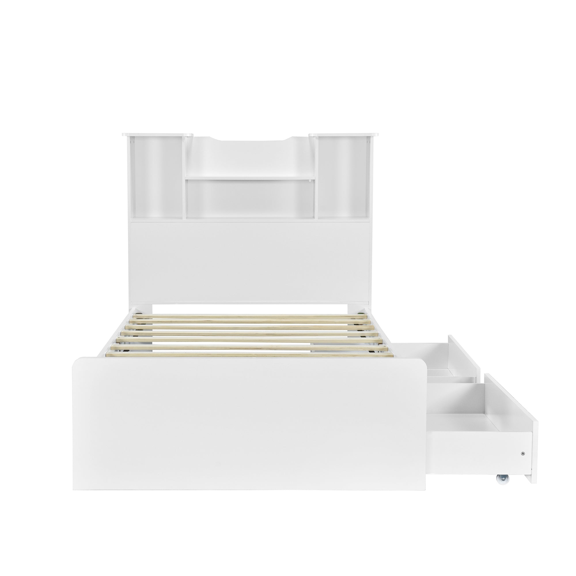 HAOYYE Twin Size Storage Platform Bed Frame with 4 Open Storage Shelves and 2 Drawers, LED Lights, White, Sturdy Space-Saving Heavy Duty Design, Easy Assembly, Ideal for Adults and Dorm Rooms