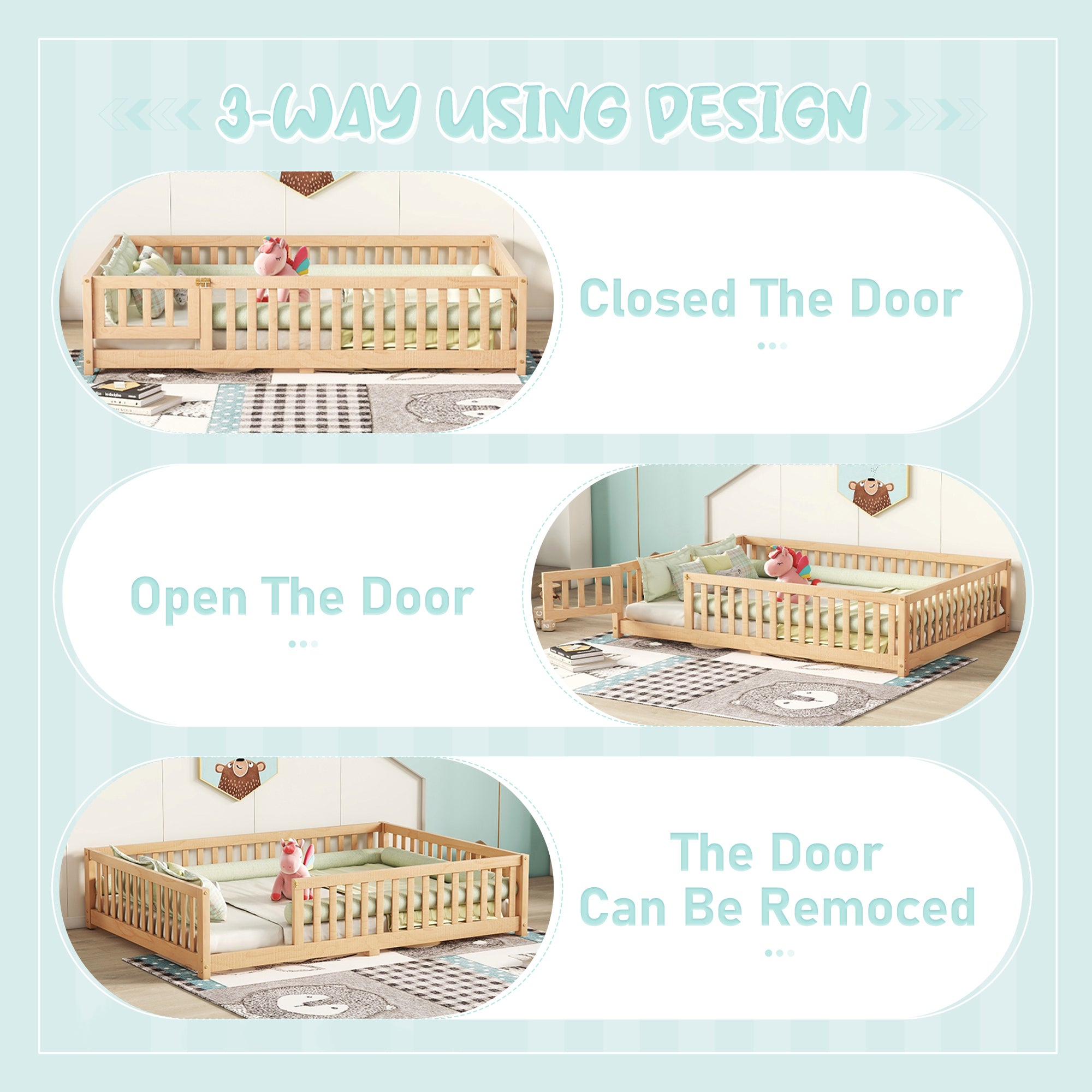 HAOYYE Full Size Bed Floor Bed with Safety Guardrails and Door for , Natural(Old SKU: W158090693) Sturdy Space-Saving Heavy Duty Modern Design Adults Dorm Room Easy Assembly Bedroom Furniture