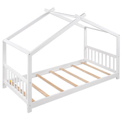 HAOYYE Twin Size House Platform Bed with Headboard and Footboard,Roof Design,White Sturdy Space-Saving Heavy Duty Modern Design Adults Dorm Room Easy Assembly Bedroom Furniture