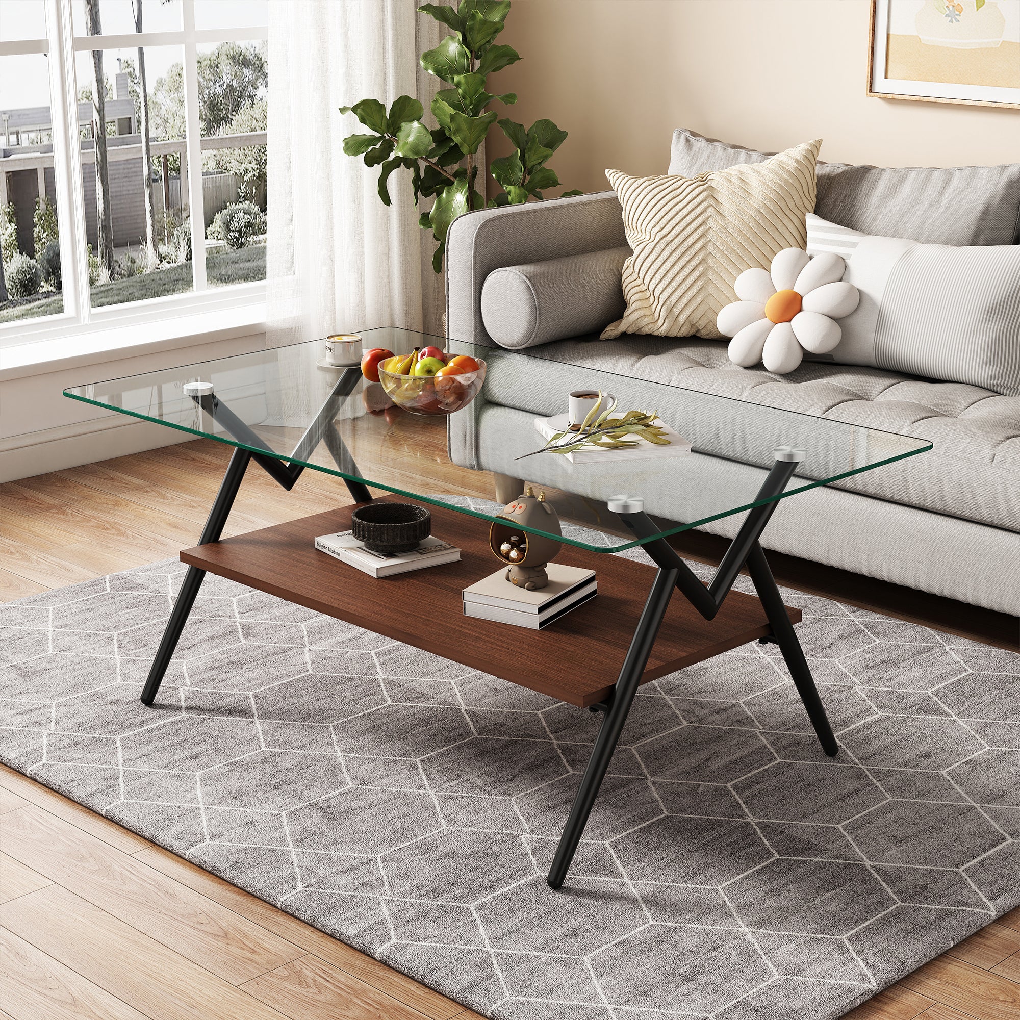 HAOYYE Rectangle Coffee Table with Tempered Glass top and Black Metal Legs, Modern Table for Living Room , Transparent Glass Sturdy Space-Saving Heavy Duty Modern Design Adults Dorm Room Easy Assembly