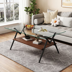 HAOYYE Rectangle Coffee Table with Tempered Glass top and Black Metal Legs, Modern Table for Living Room , Transparent Glass Sturdy Space-Saving Heavy Duty Modern Design Adults Dorm Room Easy Assembly