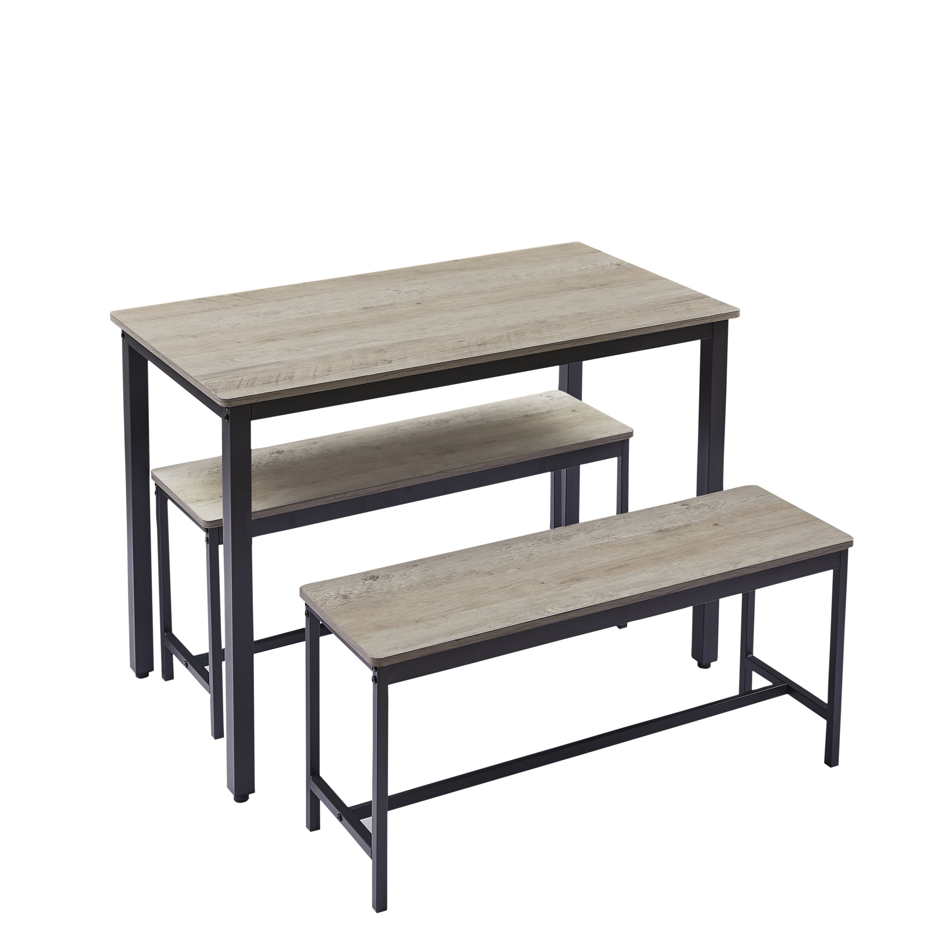 HAOYYE Industrial Dining Table Set with 2 Dining Benches, Modern Bar Table with Chairs for Kitchen, Breakfast Nook, Living Room, and Party Room, Grey and Black Finish, Sturdy Construction for Everyday Use