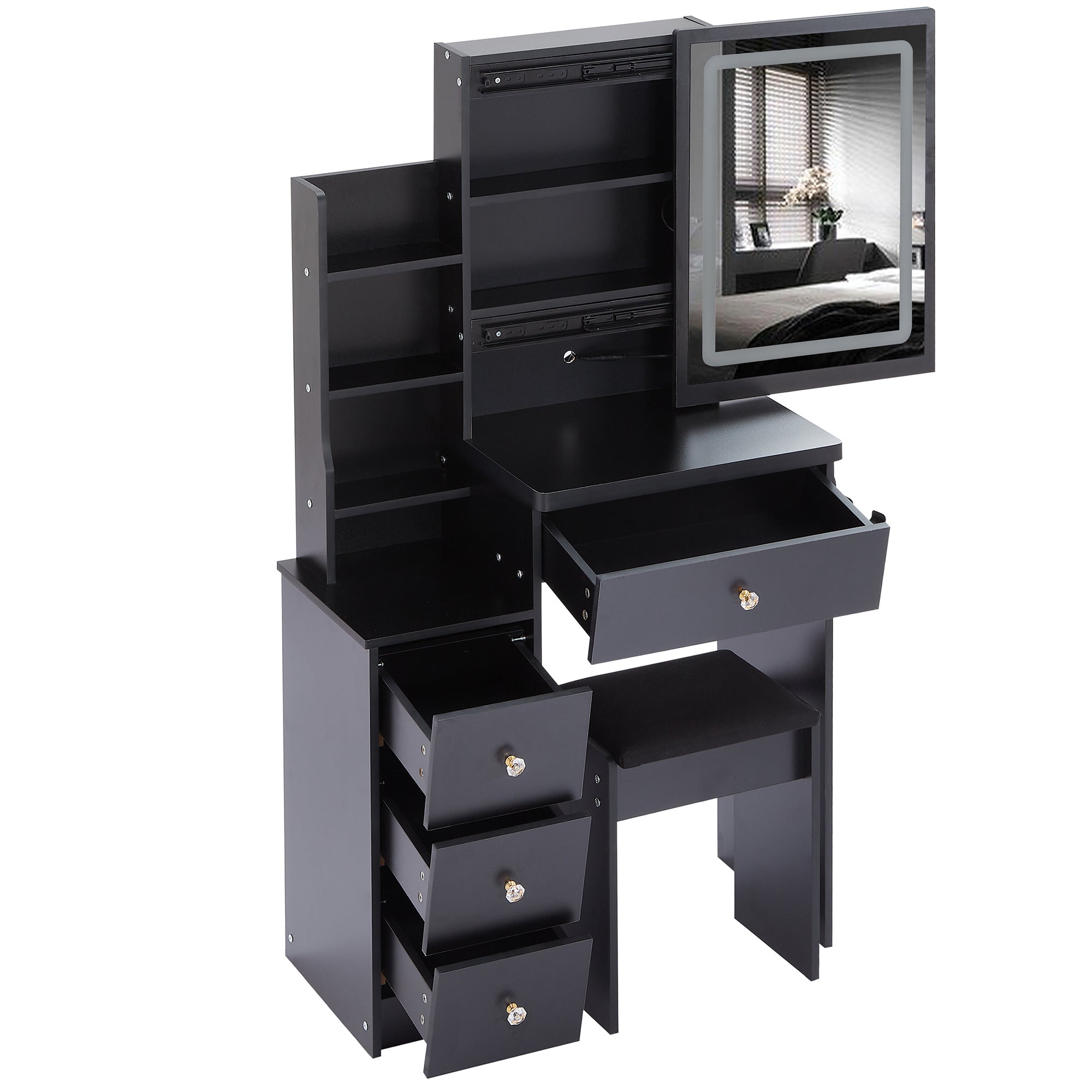 HAOYYE Small Size Left Bedside Cabinet Vanity Table + Cushioned Stool, 2 AC+2 USB Power Station, Hair dryer bracket, Extra Large Touch Control Sliding LED Mirror, Tri-color Switching, EPA,GCC,UL Certificate