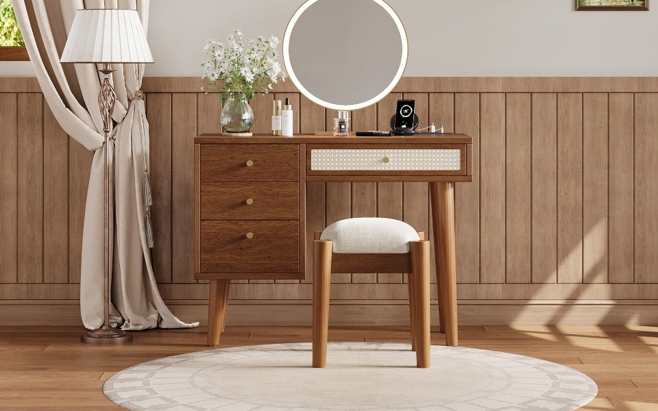 HAOYYE 39" Retro Bohemian Style Wooden Makeup Vanity Set with Charging Plug&USB Port and Stool, Dressing Table with 3 Storage Drawers and 1 Rectangular Rattan Drawer, Walnut