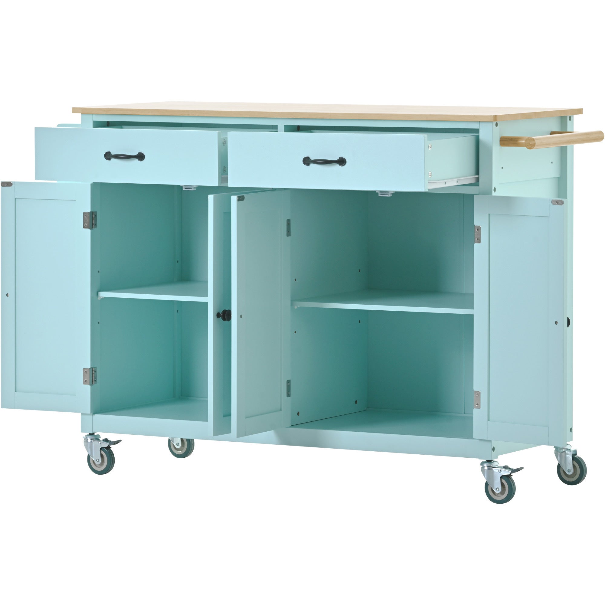 HAOYYE Kitchen Island Cart, Mint Green, with Solid Wood Top, 4-Door Cabinet, 2 Drawers, Adjustable Shelves, Spice Rack, Towel Bar, and 2 Locking Wheels. Modern, Space-Saving, Sturdy Heavy Duty Design for Easy Assembly and Versatile Use