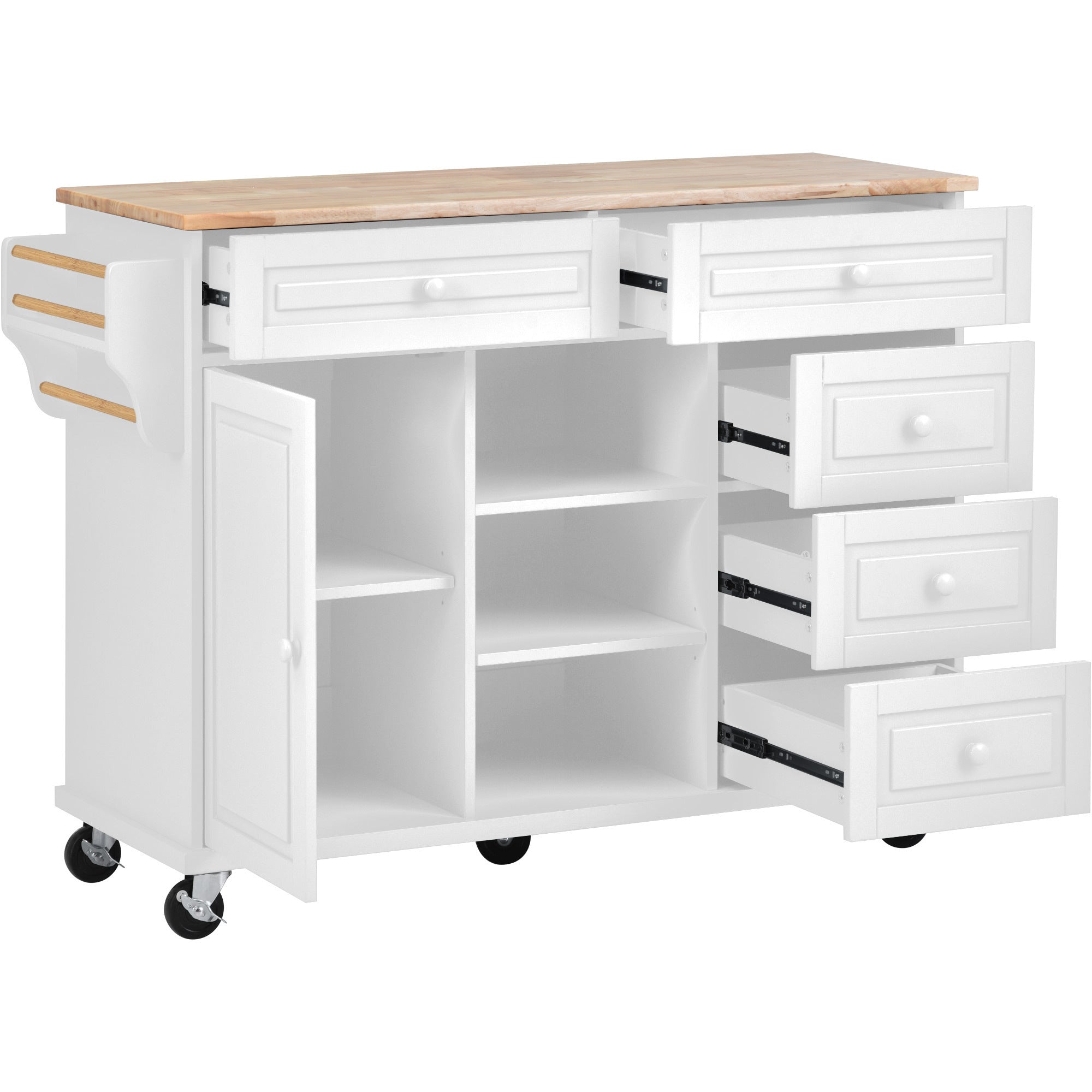 HAOYYE Kitchen cart with Rubber wood desktop rolling mobile kitchen island with storage and 5 draws 53 Inch length(White) Sturdy Space-Saving Heavy Duty Modern Design Adults Dorm Room Easy Assembly