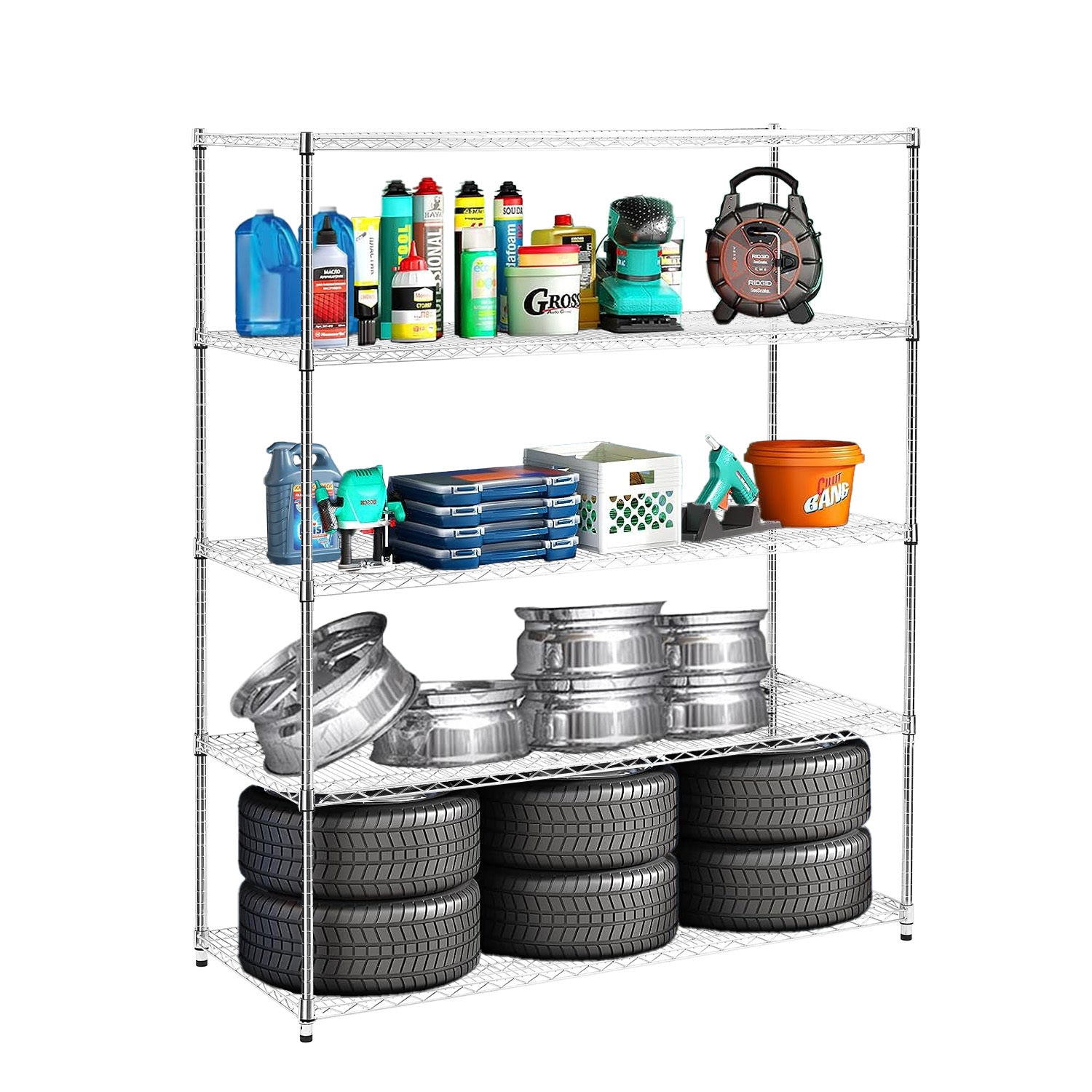 HAOYYE 5-Layer Heavy Duty Adjustable Shelving Unit with Wheels and Adjustable Feet, Sturdy Metal Storage Rack for Warehouse, Supermarket, Kitchen and Commercial Use, Each Shelf Supports 300 Lbs, Space-Saving Industrial Design, Easy Assembly