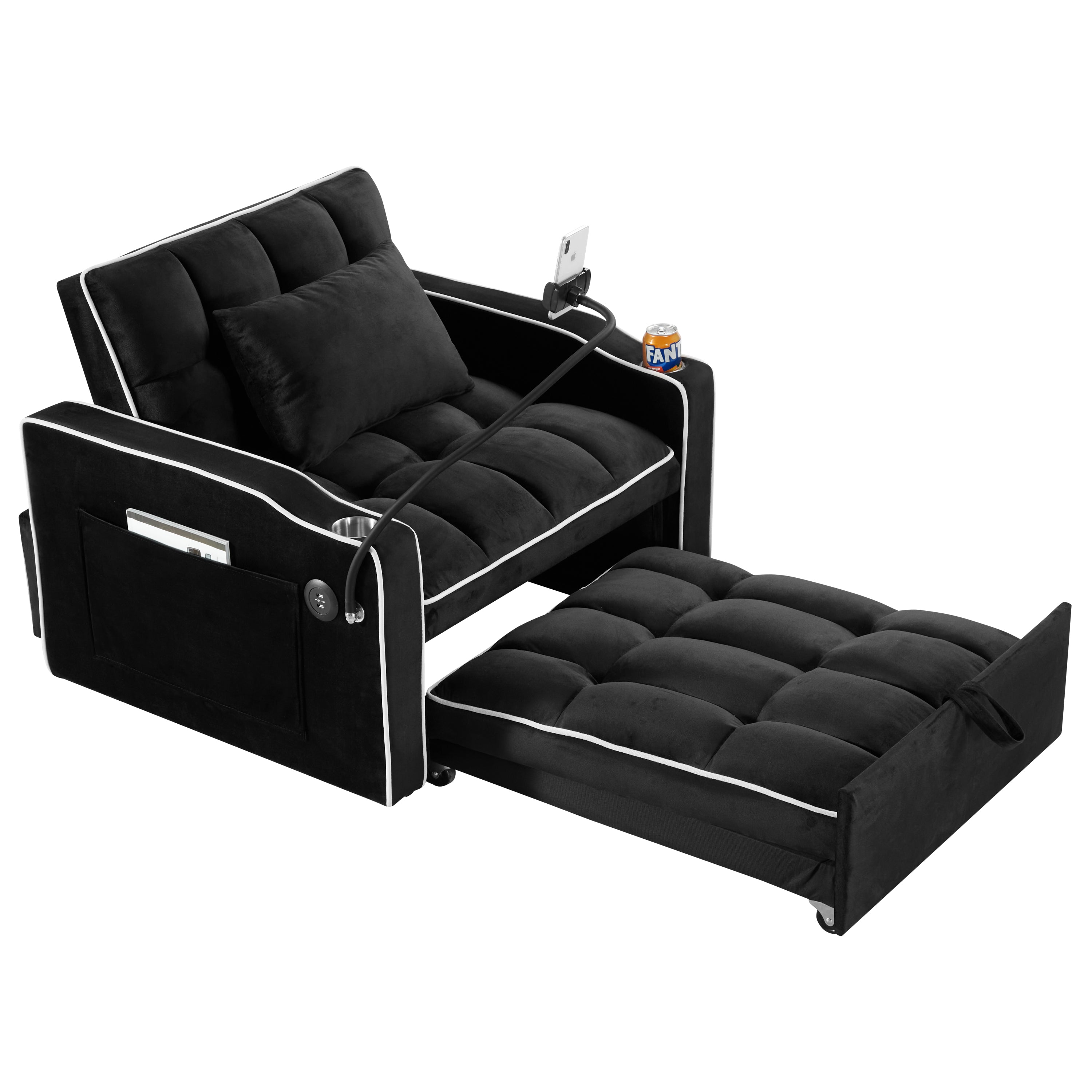 HAOYYE Convertible 3-in-1 Sleeper Chair Sofa Bed Adjustable Pull-Out Sleeper Chair Bed Folding Sofa Bed with Multiple Pockets for Living Room Bedroom Small Space, Black Sturdy Space-Saving Heavy Duty Modern Design