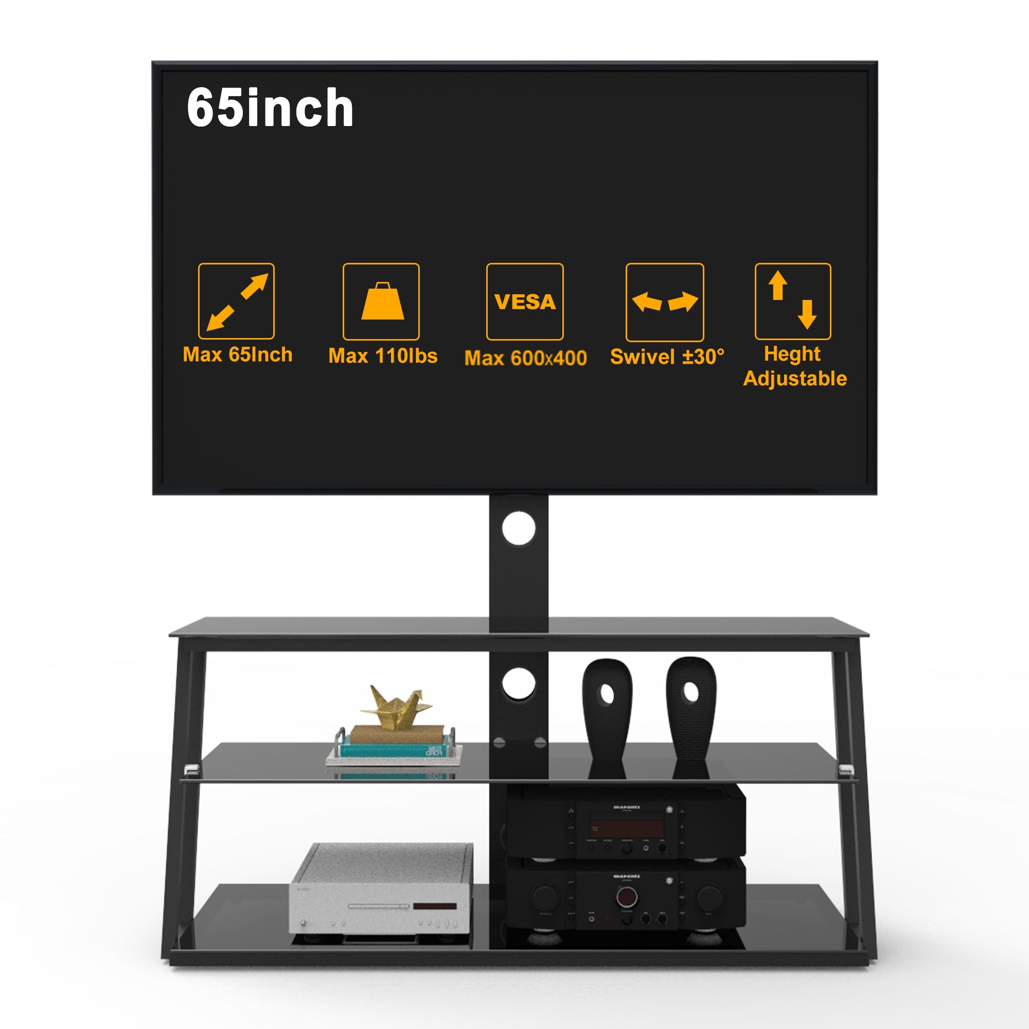 HAOYYE Black Multi-Function Angle And Height Adjustable Tempered Glass TV Stand Sturdy Space-Saving Heavy Duty Modern Design Easy Assembly Durable Stylish Home Furniture Versatile