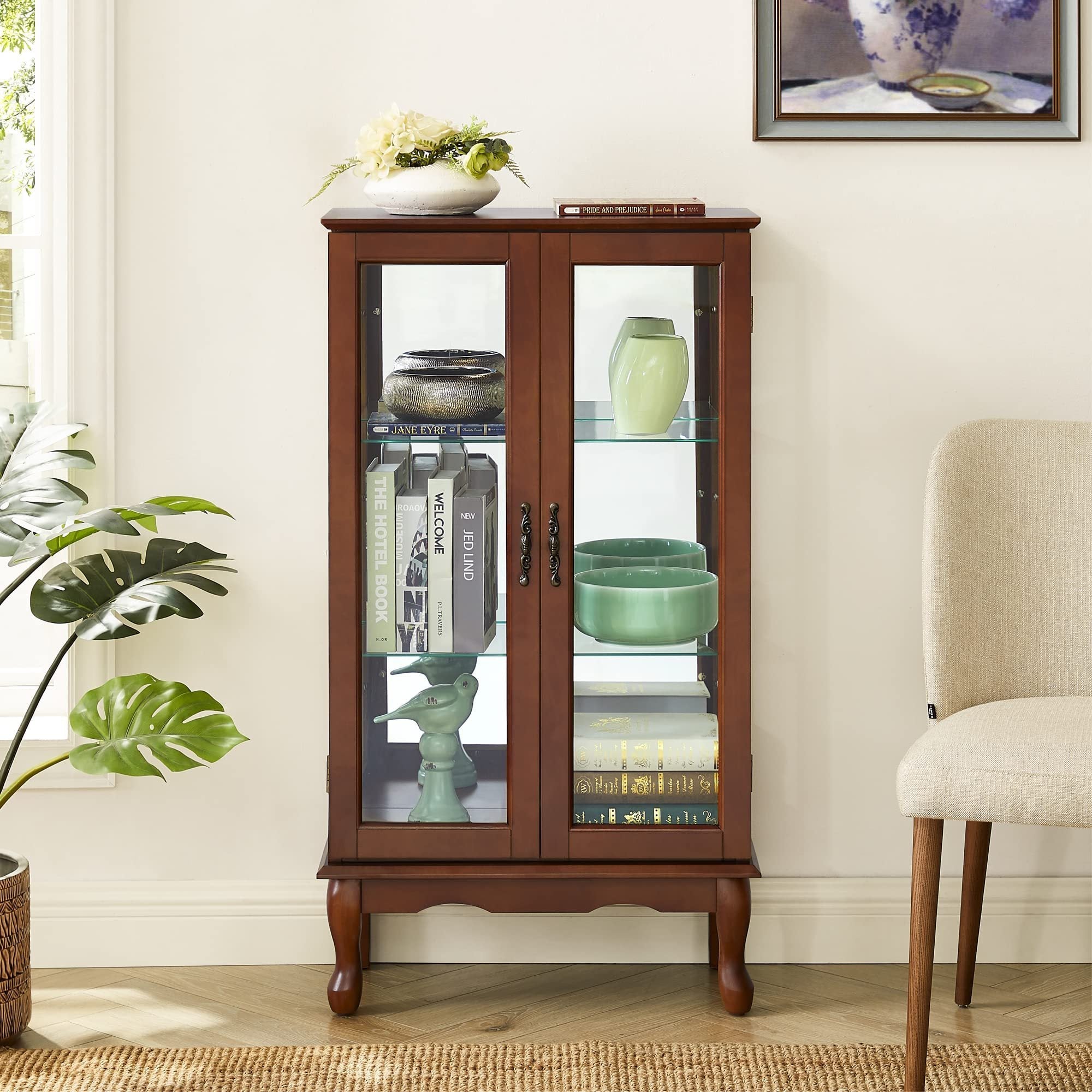 HAOYYE Lighted Curio Cabinet With Adjustable Shelves, Mirrored Back Panel, Tempered Glass Doors, Walnut Finish, 3 Tier Sturdy Space-Saving Heavy Duty Display Case For Living Room, Dining Room, Office