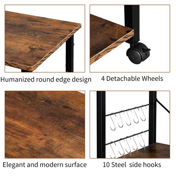 HAOYYE 3-Tier Baker's Rack Kitchen Utility Storage Cart with Microwave Oven Stand, Vintage Wood Grain Top and Black Metal Frame, Industrial Workstation Shelf with Hooks for Spices Cookware Appliances for Home Apartment Pantry Dining Room