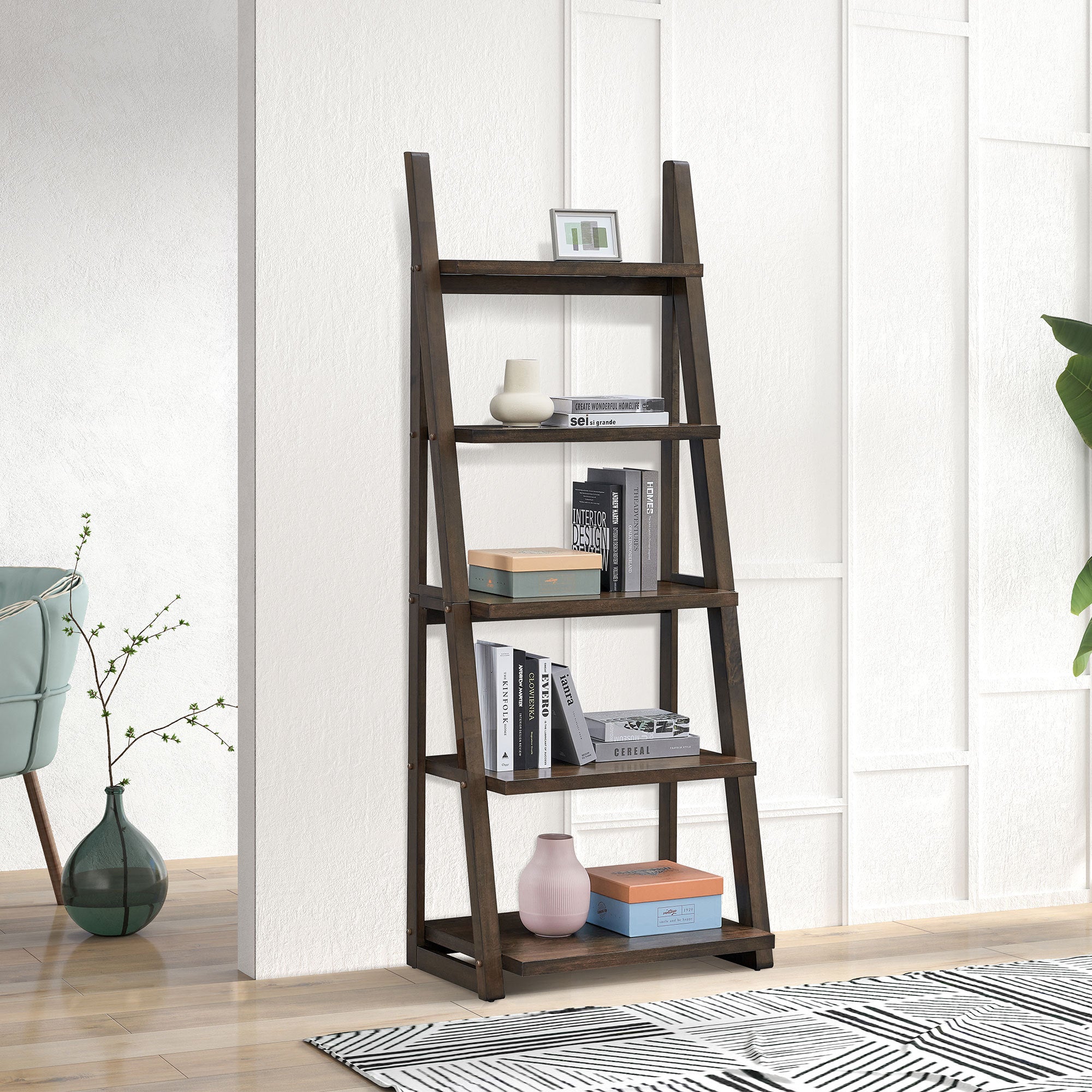 HAOYYE 5-Tier Shelves,Bookshelf, Storage Rack, Bookcase with Rubber Wood Frame, Ladder Shelf for Living Room, Home Office, Kitchen, Bedroom, Apartment ,Rustic Brown Sturdy Space-Saving Heavy Duty Adults