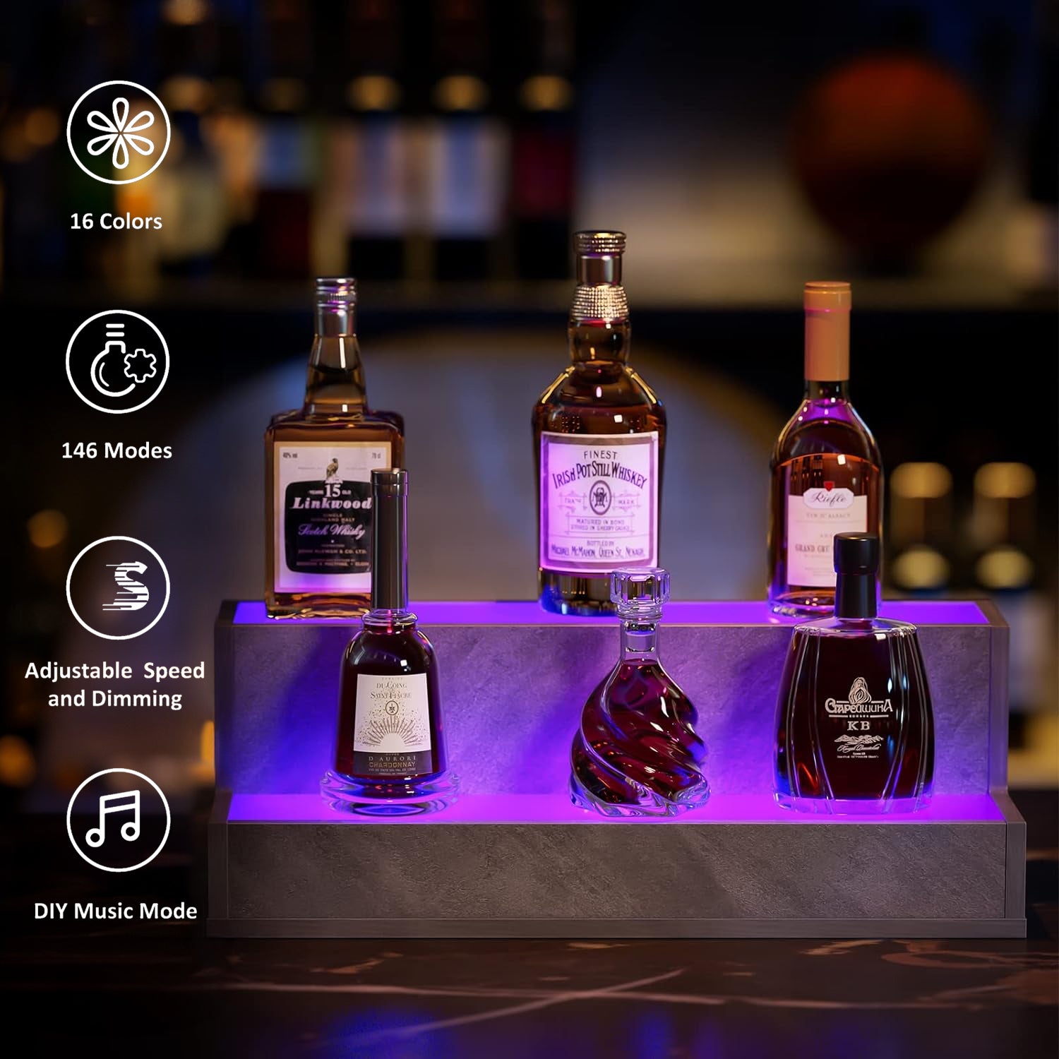 HAOYYE LED Lighted Liquor Bottle Display Shelf, 20 Inch Bar Display Shelf, DIY Illuminated Bottle Shelf with App & Remote Control, 2 Step Freestanding Holding Bottles for Home Bar, Party, Grey Sturdy