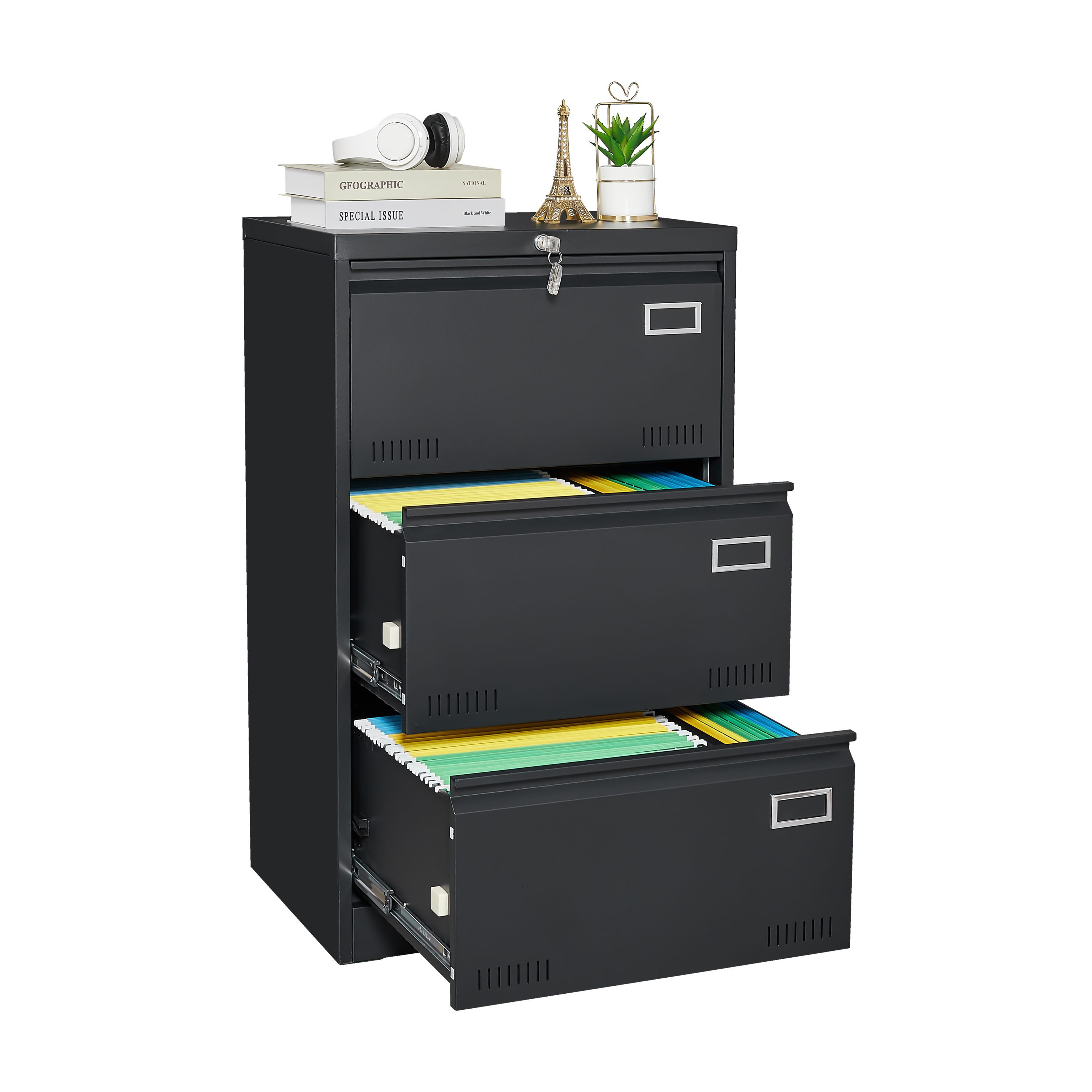 HAOYYE Lateral File Cabinet with 3 Locking Drawers, Sturdy Metal Filing Cabinet for Home Office, Legal, Letter, A4, F4 Paper, Heavy Duty Space-Saving Design for Secure Document Storage