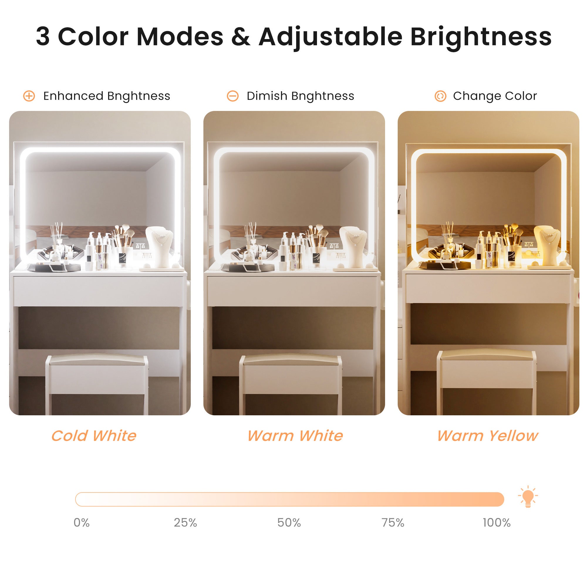 HAOYYE Vanity table with LED-lit mirror with power outlet and hairdryer shelving, with 4 drawers and upholstered stool, brightness adjustable in 3 lighting modes, storage table, White,