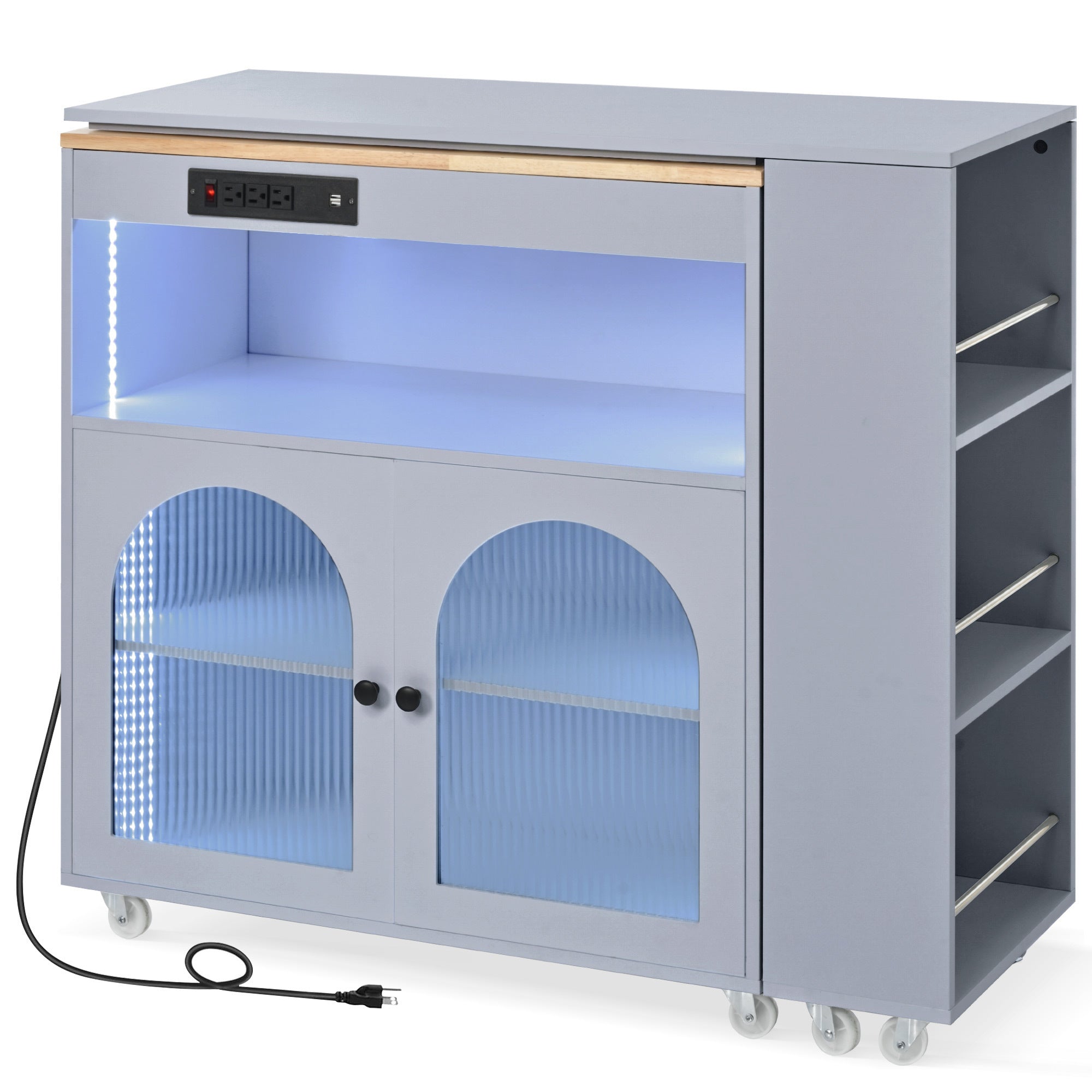 HAOYYE K&K Rolling Kitchen Island With Extended Table, Kitchen Island on Wheels with LED Lights,Power Outlets and 2 Fluted Glass Doors, Kitchen Island with a Storage Compartment and Side 3 Open Shelves, Grey