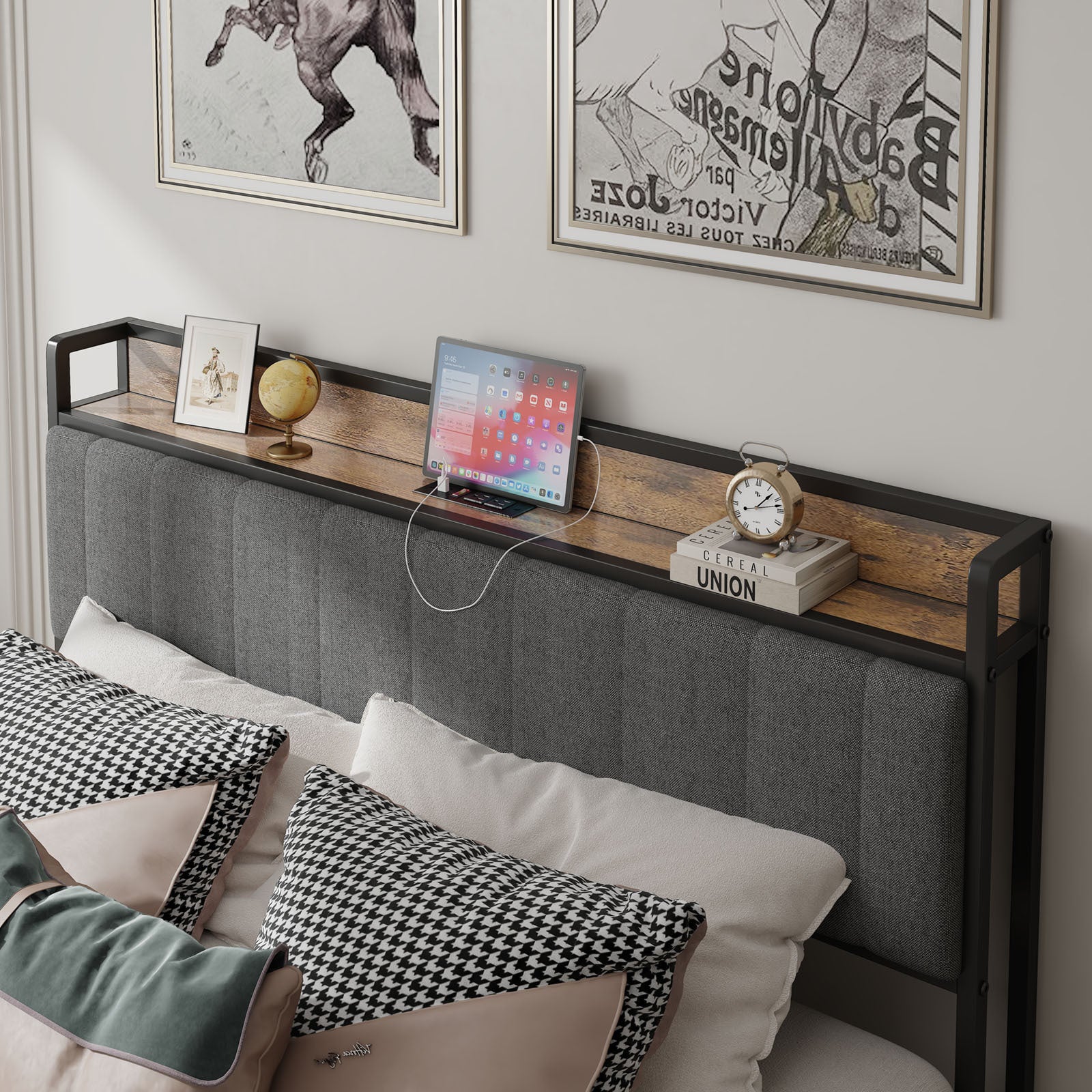 HAOYYE Queen Size Bed Frame with Charging Station, Upholstered Headboard, Metal Platform, Grey Sturdy Space-Saving Heavy Duty Modern Design Adults Dorm Room Easy Assembly Bedroom Furniture