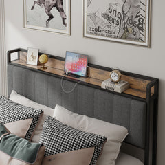 HAOYYE Queen Size Bed Frame with Charging Station, Upholstered Headboard, Metal Platform, Grey Sturdy Space-Saving Heavy Duty Modern Design Adults Dorm Room Easy Assembly Bedroom Furniture