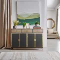 HAOYYE Modern Sideboard With 4 Doors And 3 Top Drawers, Freestanding Storage Cabinet For Entryway, Living Room, Office, Or Bedroom, Sturdy Space-Saving Heavy Duty Design