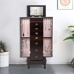 HAOYYE Standing Jewelry Armoire Cabinet with Makeup Mirror, Large Storage Organizer with 7 Drawers, 2 Swing Doors, 16 Necklace Hooks, and Top Divided Storage, Elegant Dark Brown and Beige Flannel Design for Bedroom or Dressing Room