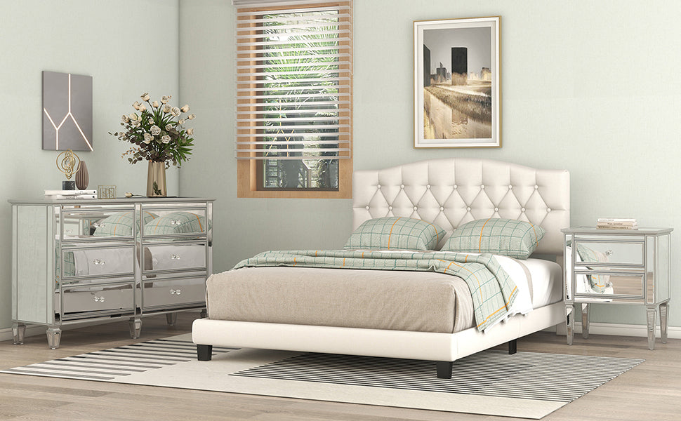 HAOYYE Upholstered Platform Bed with Saddle Curved Headboard and Diamond Tufted Details, Queen, Beige Sturdy Space-Saving Heavy Duty Modern Design Adults Dorm Room Easy Assembly Bedroom Furniture