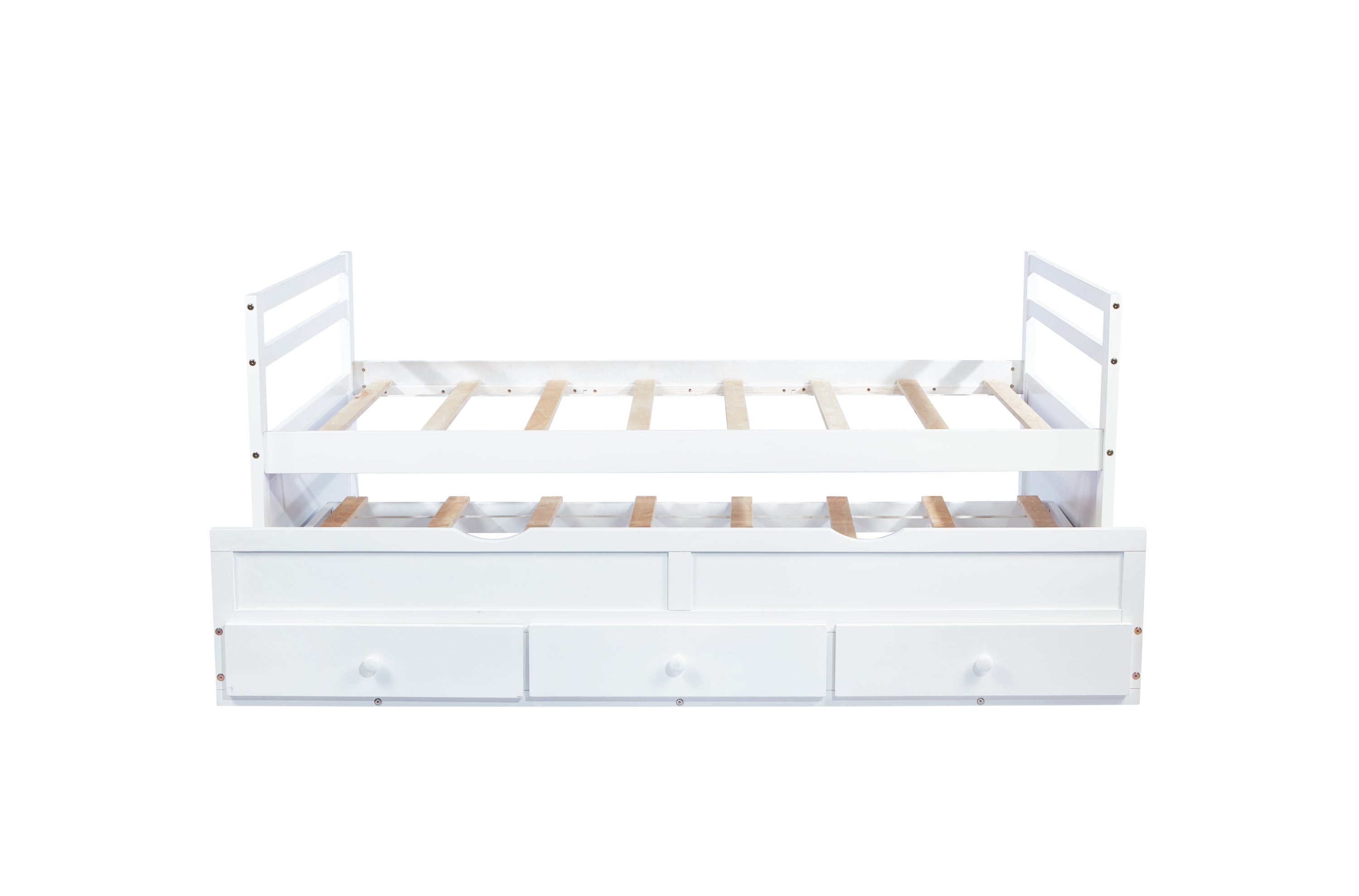 HAOYYE Twin Bed with Headboard, Footboard, Trundle and Storage Drawers, Pine Wood Twin Size Bed, White, Sturdy Space-Saving Heavy Duty Construction, Ideal for Adults and Dorm Rooms