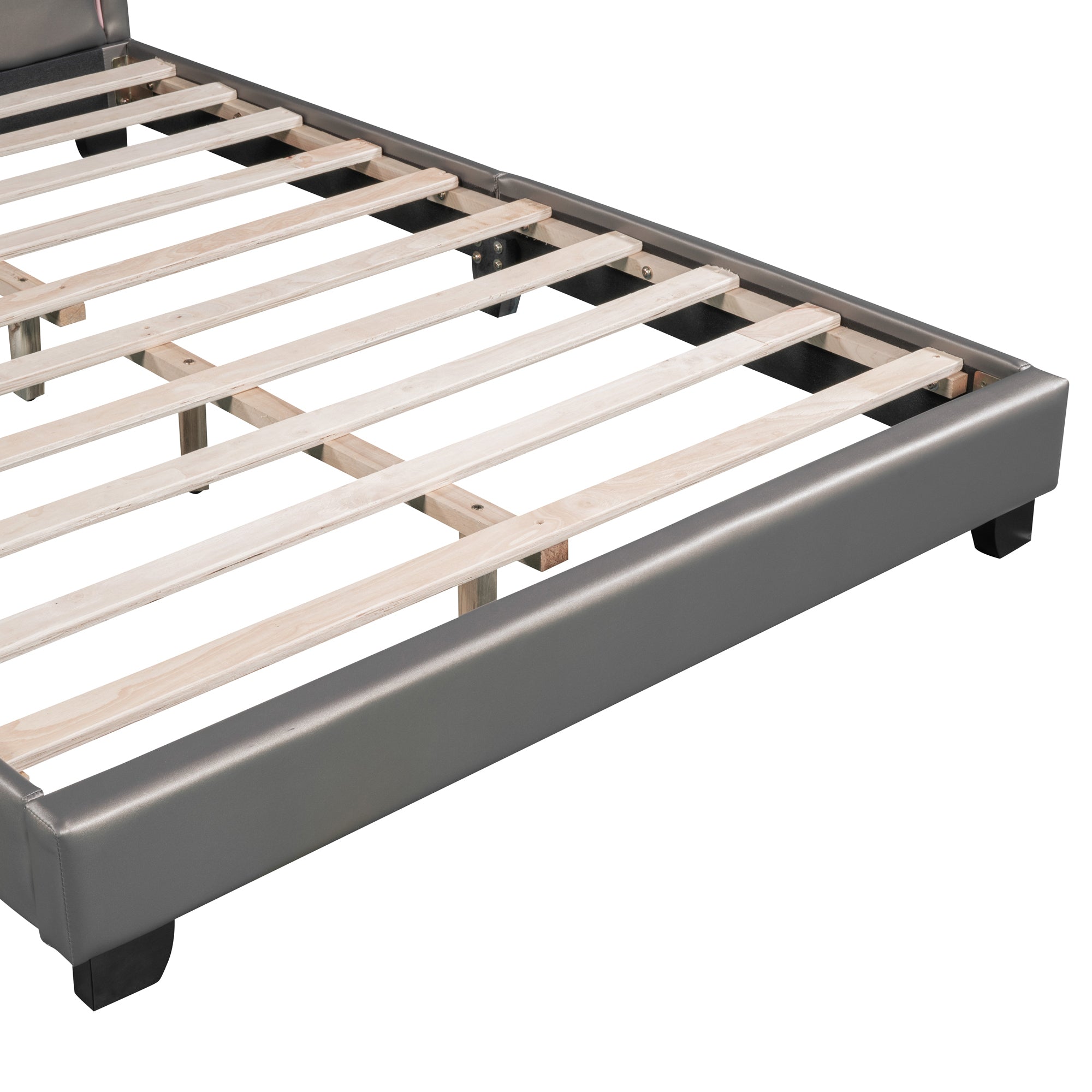 HAOYYE Full Size Upholstered Leather Platform Bed with Rabbit Ornament, Gray Sturdy Space-Saving Heavy Duty Modern Design Adults Dorm Room Easy Assembly Bedroom Furniture