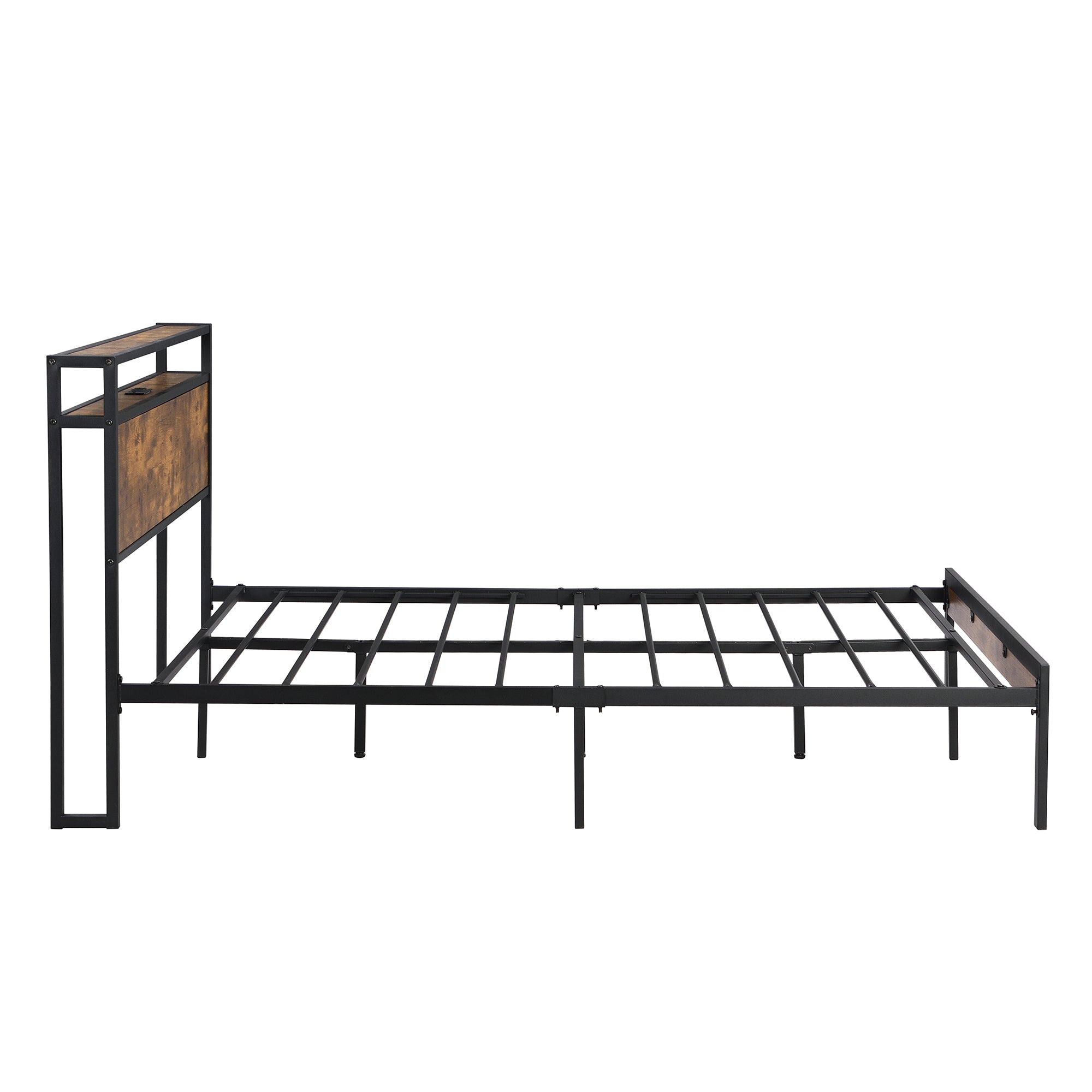 HAOYYE Queen Size Metal Platform Bed Frame with Wooden Headboard and Footboard with USB LINER, No Box Spring Needed, Large Under Bed Storage, Easy Assemble Sturdy Space-Saving Heavy Duty Modern Design