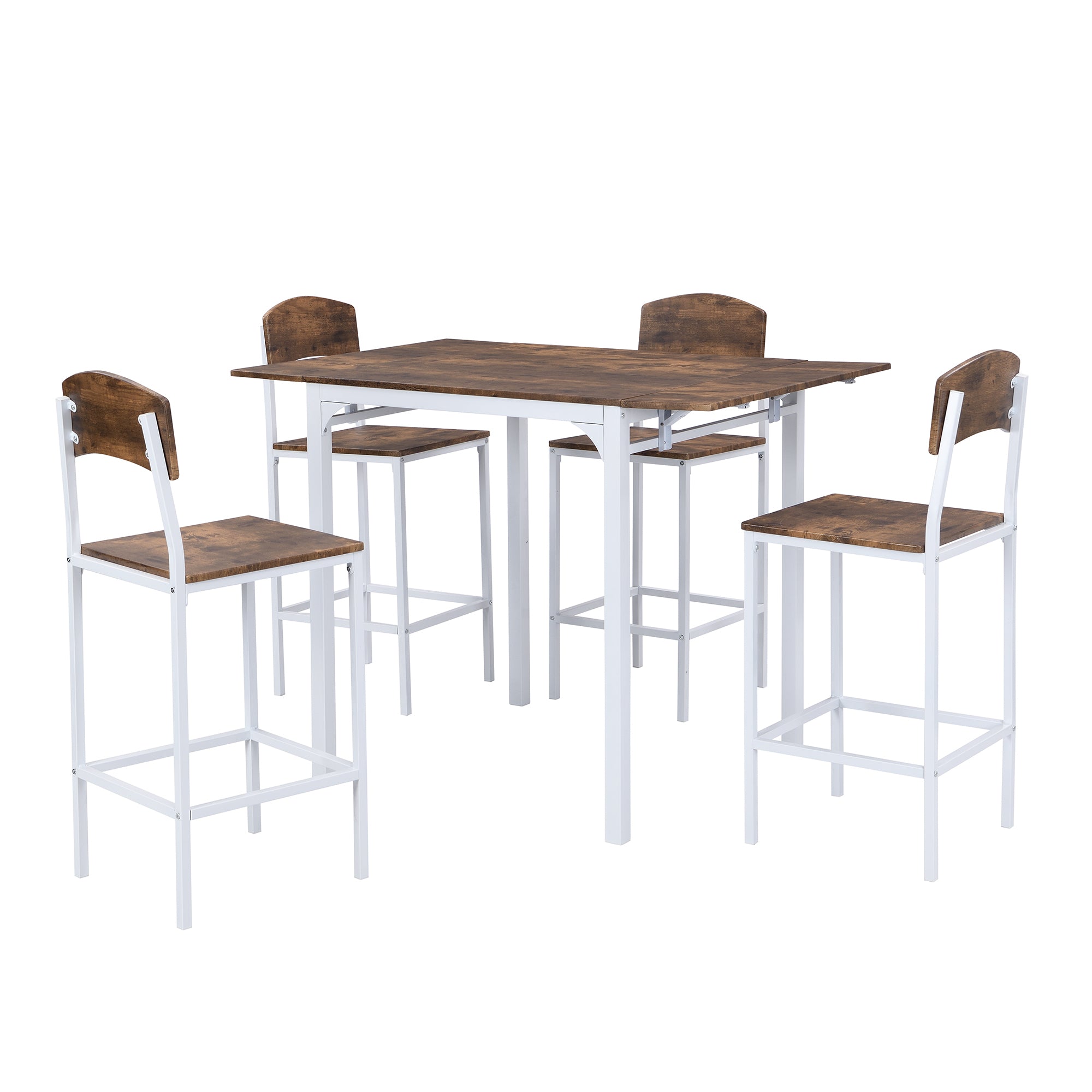 HAOYYE Farmhouse 5-Piece Counter Height Dining Table Set with 4 Chairs, White Frame & Rustic Brown Tabletop, Drop Leaf, Space-Saving Design, Sturdy & Heavy Duty, Ideal for Dining Room, Kitchen, Apartment, Dorm Room, Modern & Functional