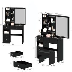 HAOYYE Left Drawer Desktop Vanity Table With Cushioned Stool, Modern Multi-Layer Storage Makeup Desk With Sliding Mirror, Stylish Functional Dresser For Compact Spaces, Ideal For Users Up To 5.6ft Tall