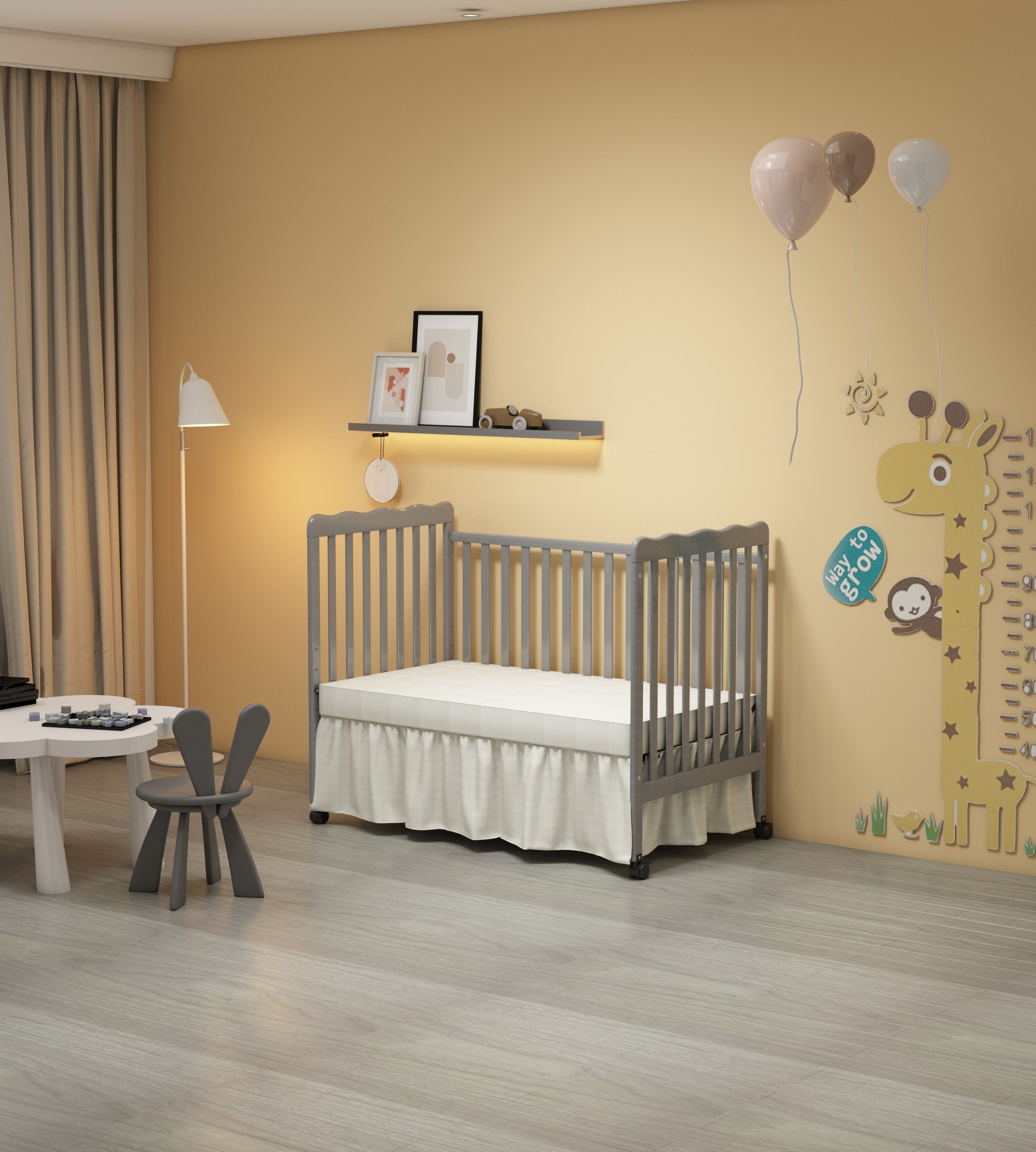 HAOYYE 3-In-1 Convertible Crib In Storm Grey, Made Of Sustainable Pinewood, Non-Toxic Finish, Comes With Locking Wheels, Wooden Nursery Furniture Sturdy Space-Saving Heavy Duty Modern Design Adults